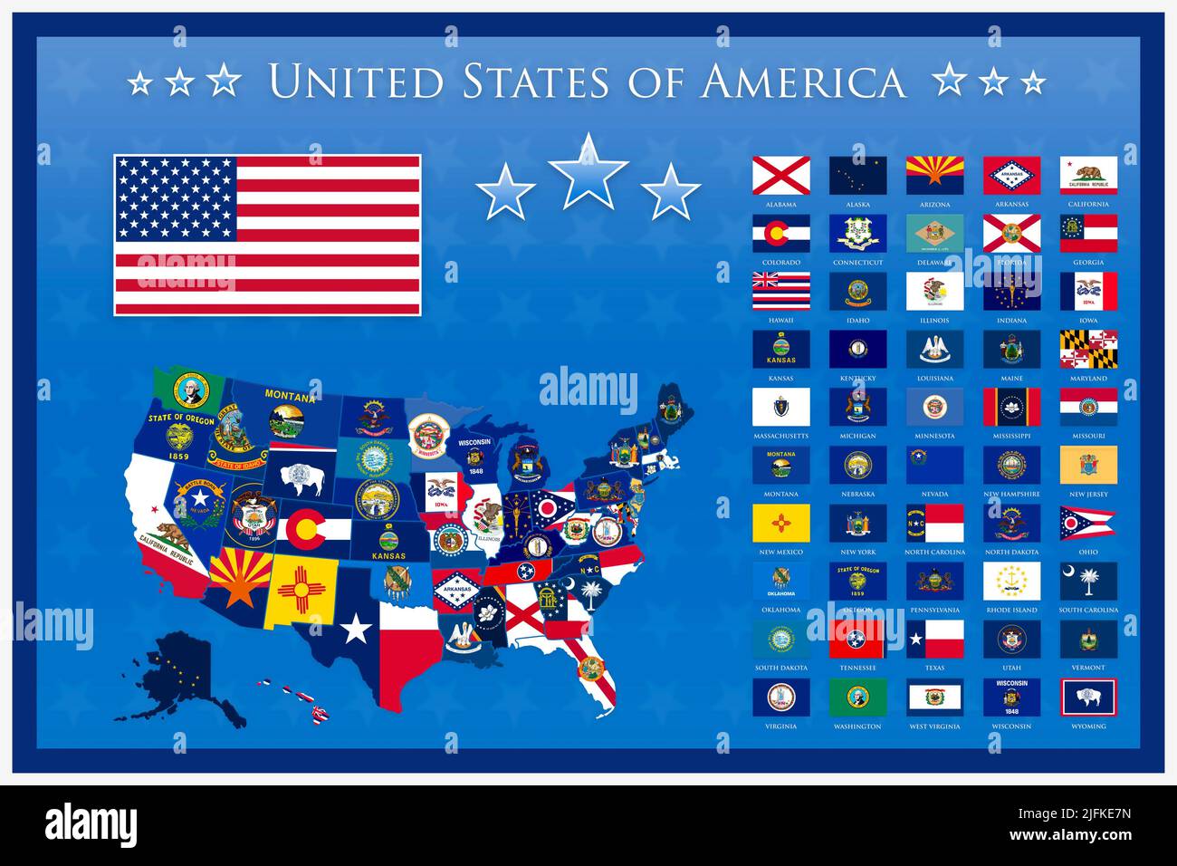 United States of America Map and Federal state flags poster illustration. Stock Photo