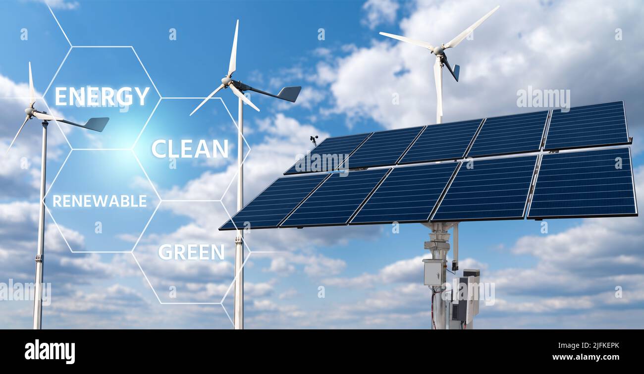 Solar panels and wind turbines with infographics. Clean renewable ...