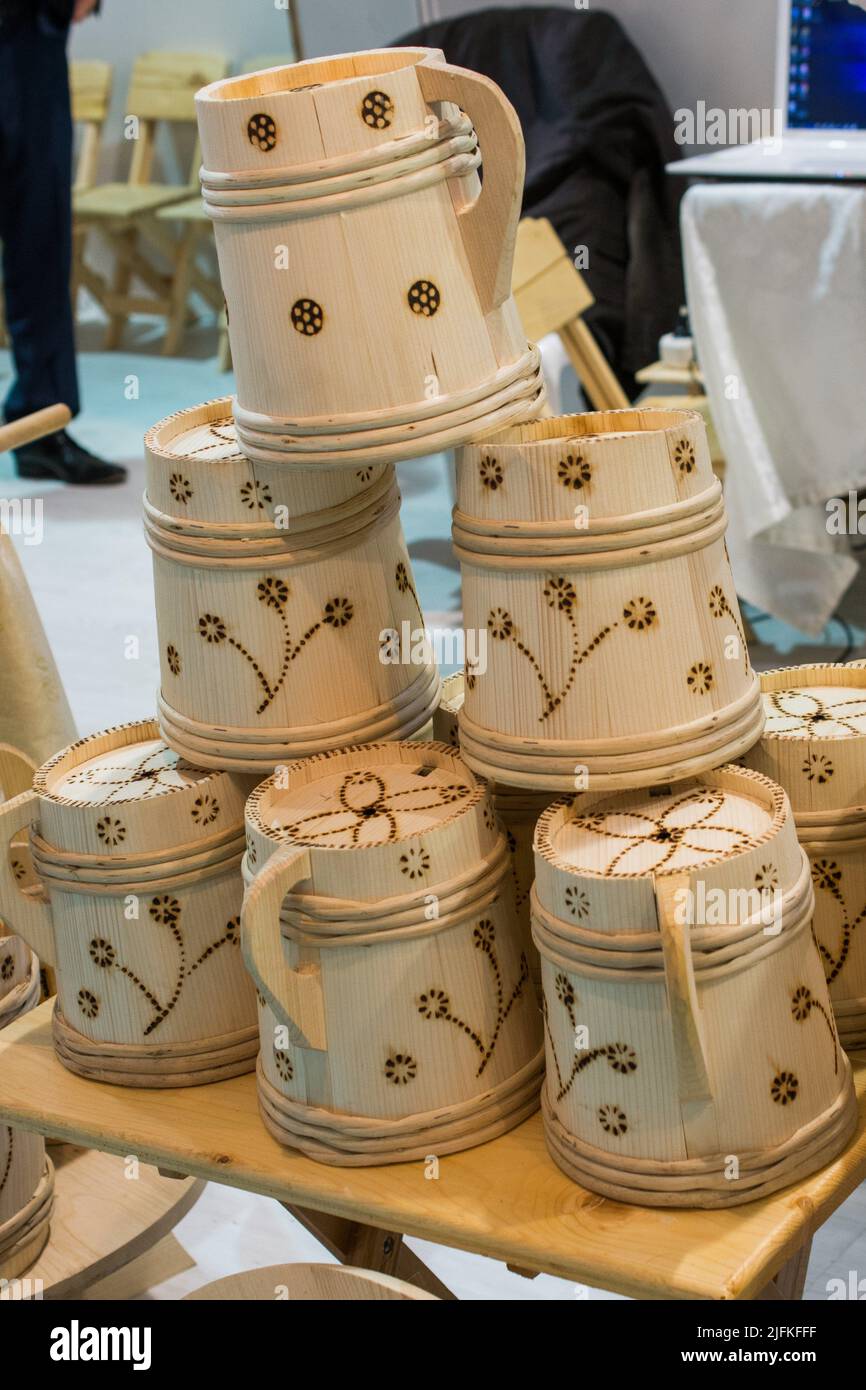 Set of buckets made of wood in a market place Stock Photo Alamy