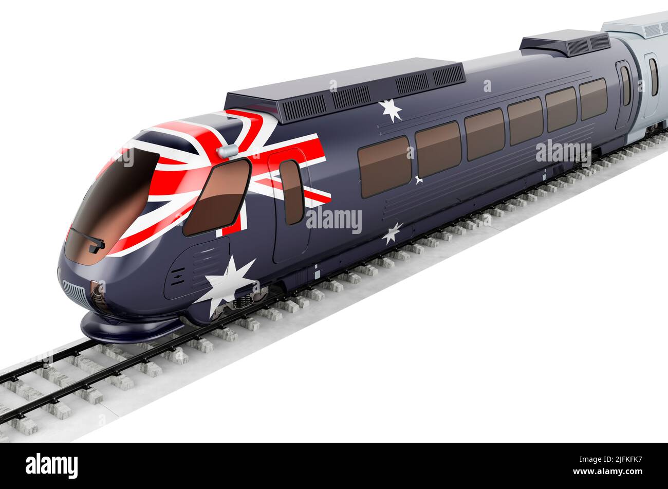 Australian flag painted on the high speed train. Rail travel in the Australia, concept. 3D rendering isolated on white background Stock Photo