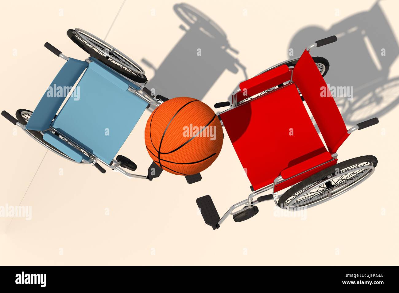 3D illustration of dispute over basket by handicapped people. Spirit of overcoming. Stock Photo