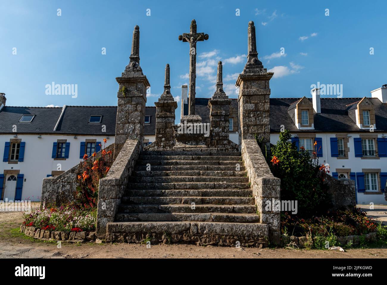 Calvaire of Saint-Cado. It is and old christian calvary with stone crosses int he island of Saint-Cado in Brittany, France. Stock Photo