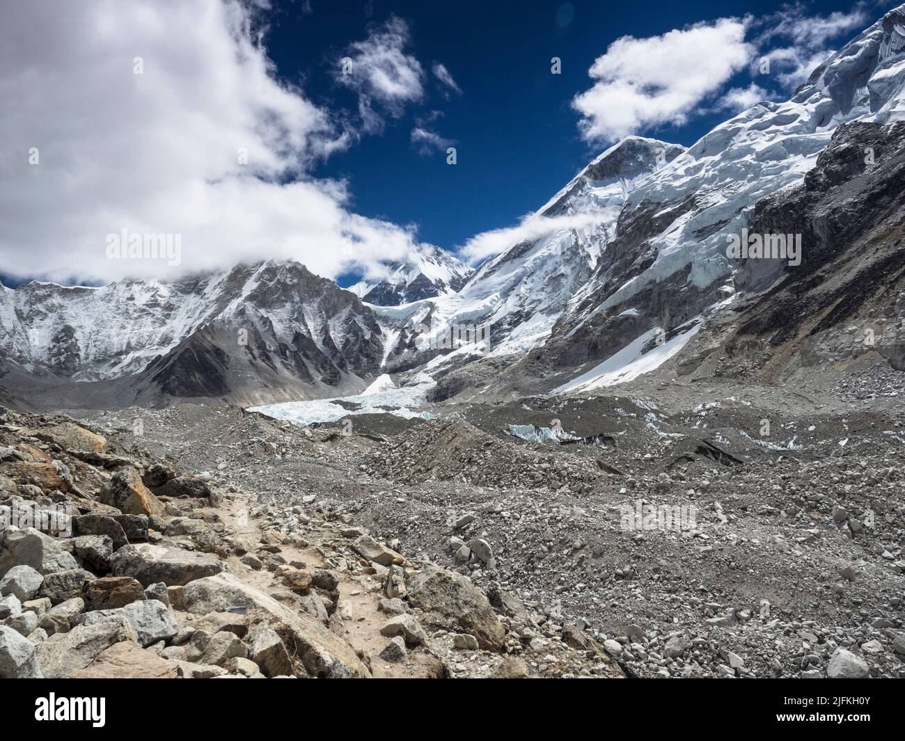 The trekking route to Everest Base Camp along the Khumbu Glacier moraine. Base Camp is below Khumbutse at the left edge of the white Khumbu Icefall. Stock Photo