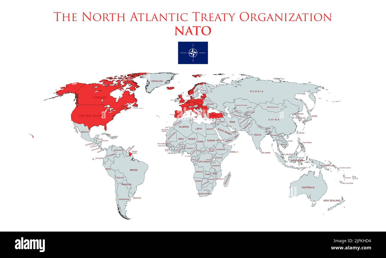 NATO (North Atlantic Treaty Organization) countries presented in red color on world map illustration. Stock Photo