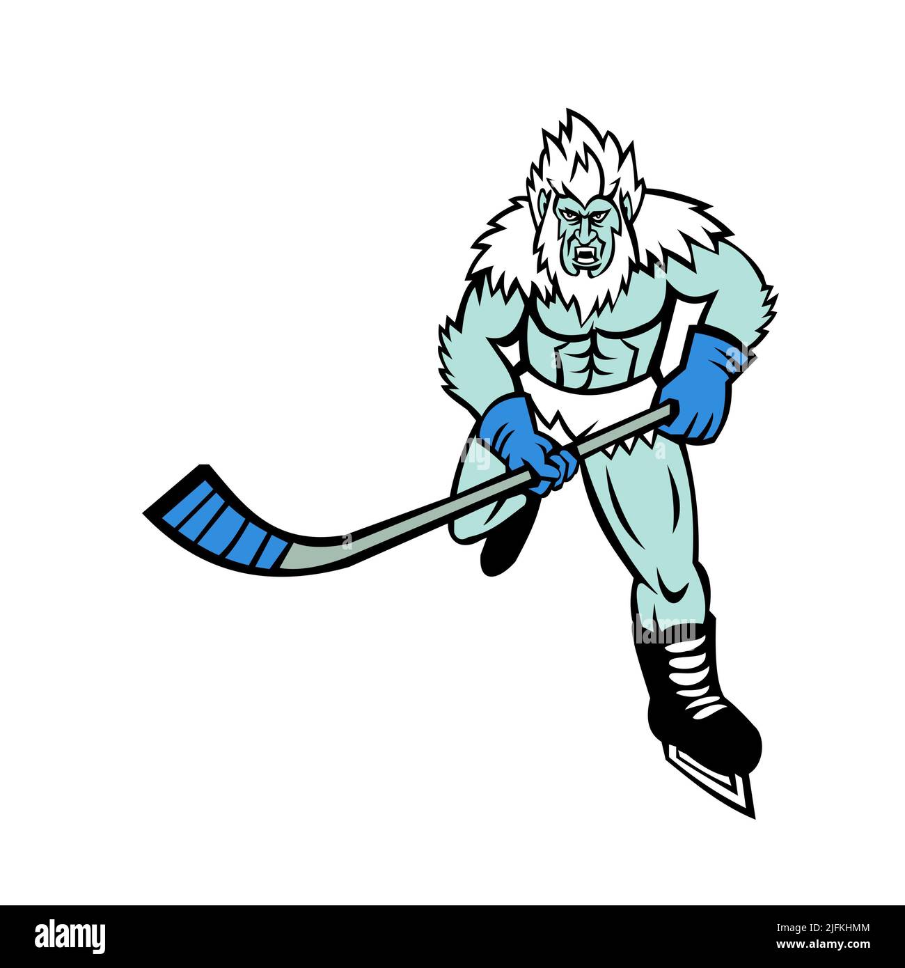 Mascot icon illustration of an angry Yeti or Abominable Snowman, a folkloric ape-like creature, with hockey stick playing ice hockey viewed from Stock Photo