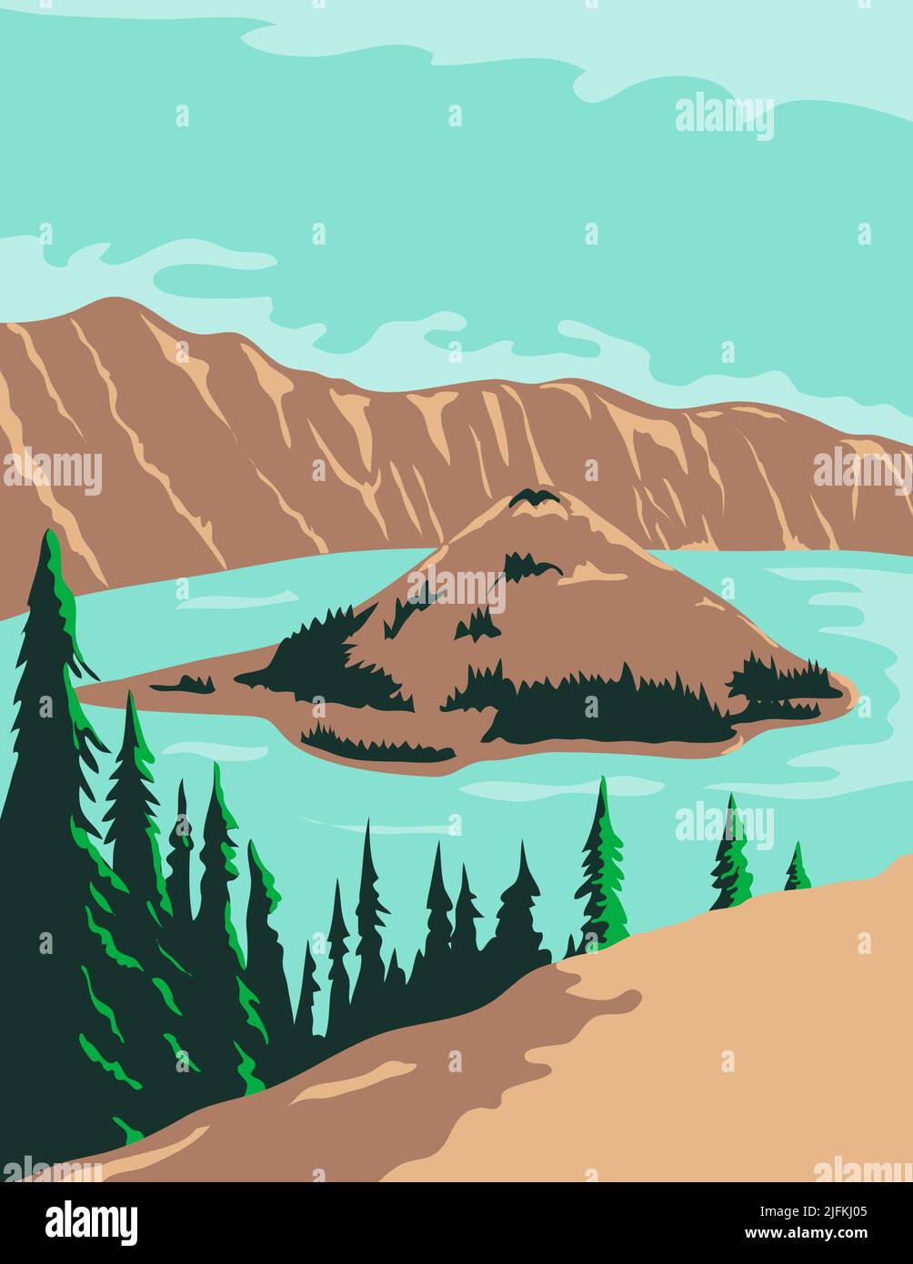 WPA poster art of Crater Lake National Park, a crater lake with Wizard