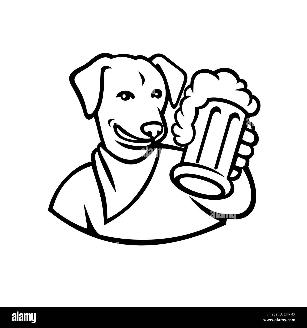 Sports mascot icon illustration of an English Lab or Labrador dog holding a beer mug toasting viewed from front on isolated background in Black and Stock Photo
