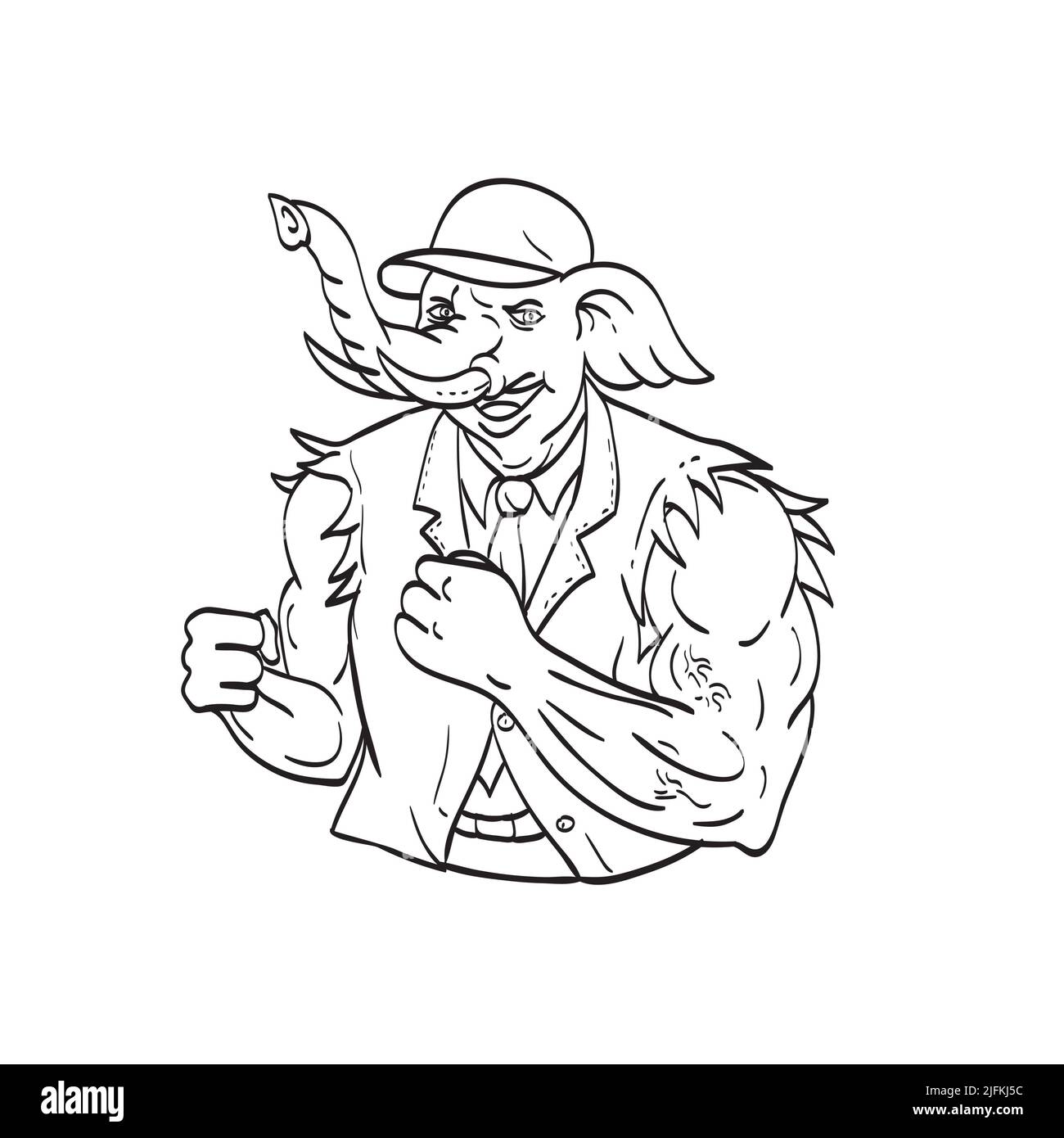 Line art drawing illustration of an elephant wearing a baseball cap hat