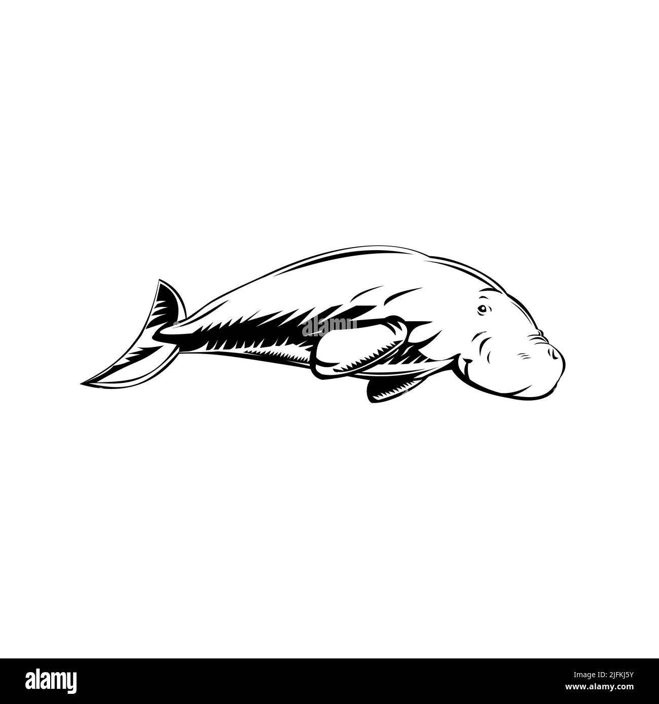 Retro woodcut style illustration of a dugong, a medium-sized marine mammal one of four living species of the order sirenia, viewed from side on Stock Photo