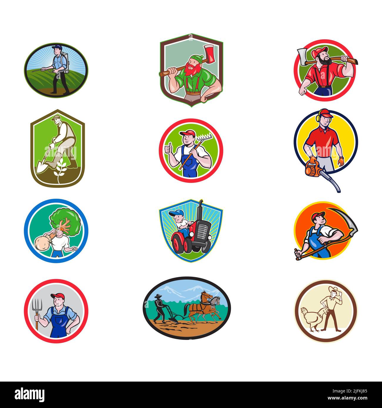 Set or collection of cartoon character mascot style illustration of farmer, gardener, agriculturist, horticulturist, landscaper, lumberjack set in Stock Photo