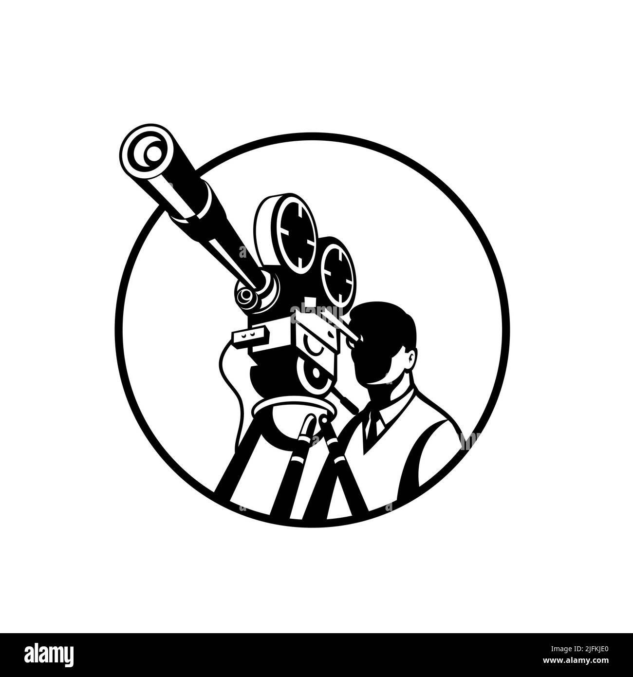 Black and white retro style illustration of a movie director looking