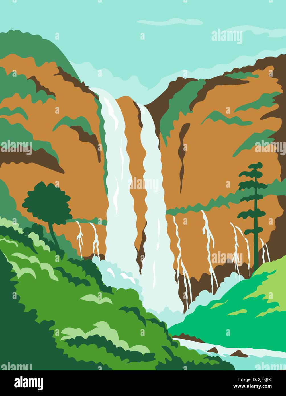 WPA poster art of the Maria Cristina Falls or twin falls, a waterfall