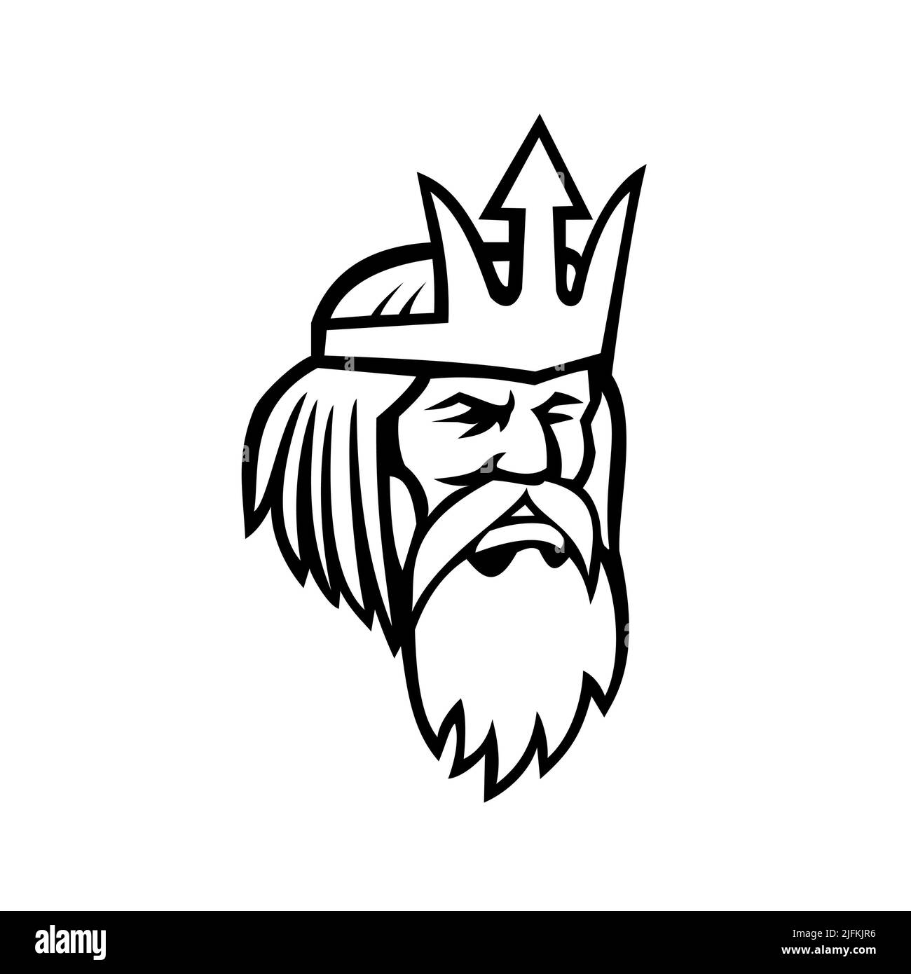 Black and white mascot illustration of of head of Poseidon or Neptune, god of the Sea in Greek and Roman mythology looking to side viewed from front Stock Photo
