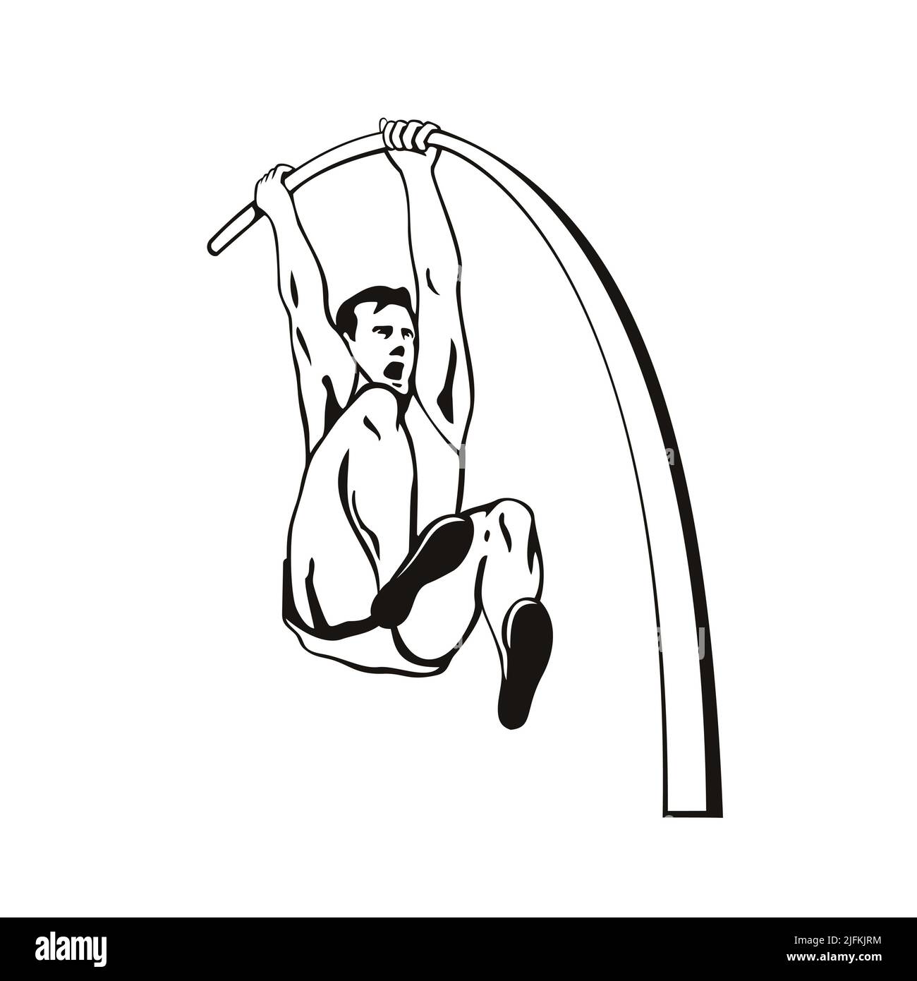 Stencil illustration of a pole vaulter with flexible pole jumping over