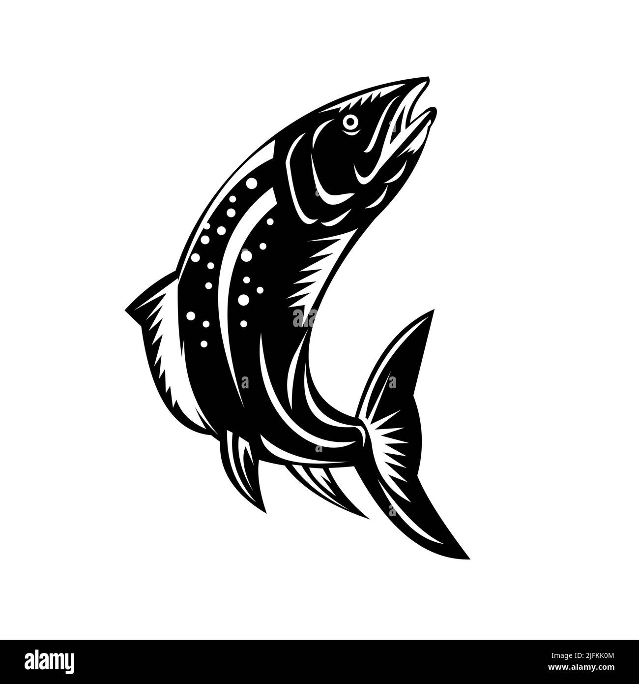 Retro woodcut style illustration of a Spotted Trout Fish Jumping on