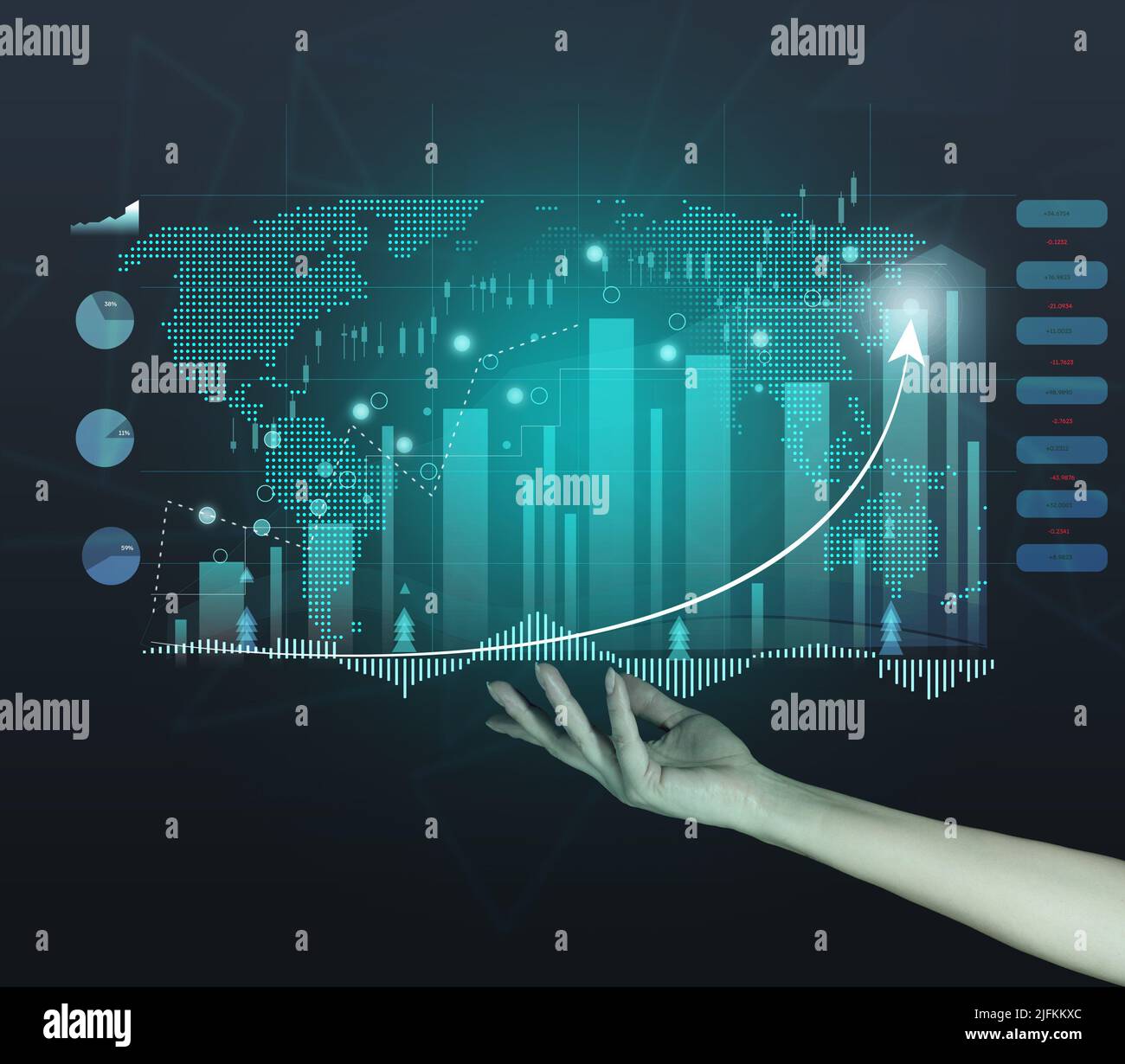 Holographic graph with growing indicators and a woman's hand. Business