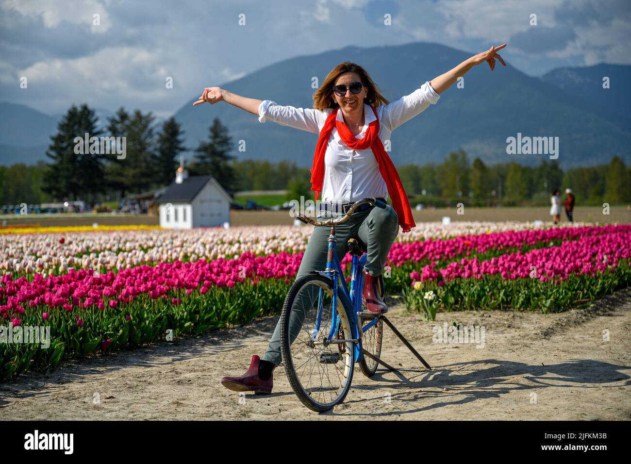 Very happy, very excited caucasian woman sitting on her old bike by the tulip field. Arms and legs wide open and she shows happiness in British Stock Photo