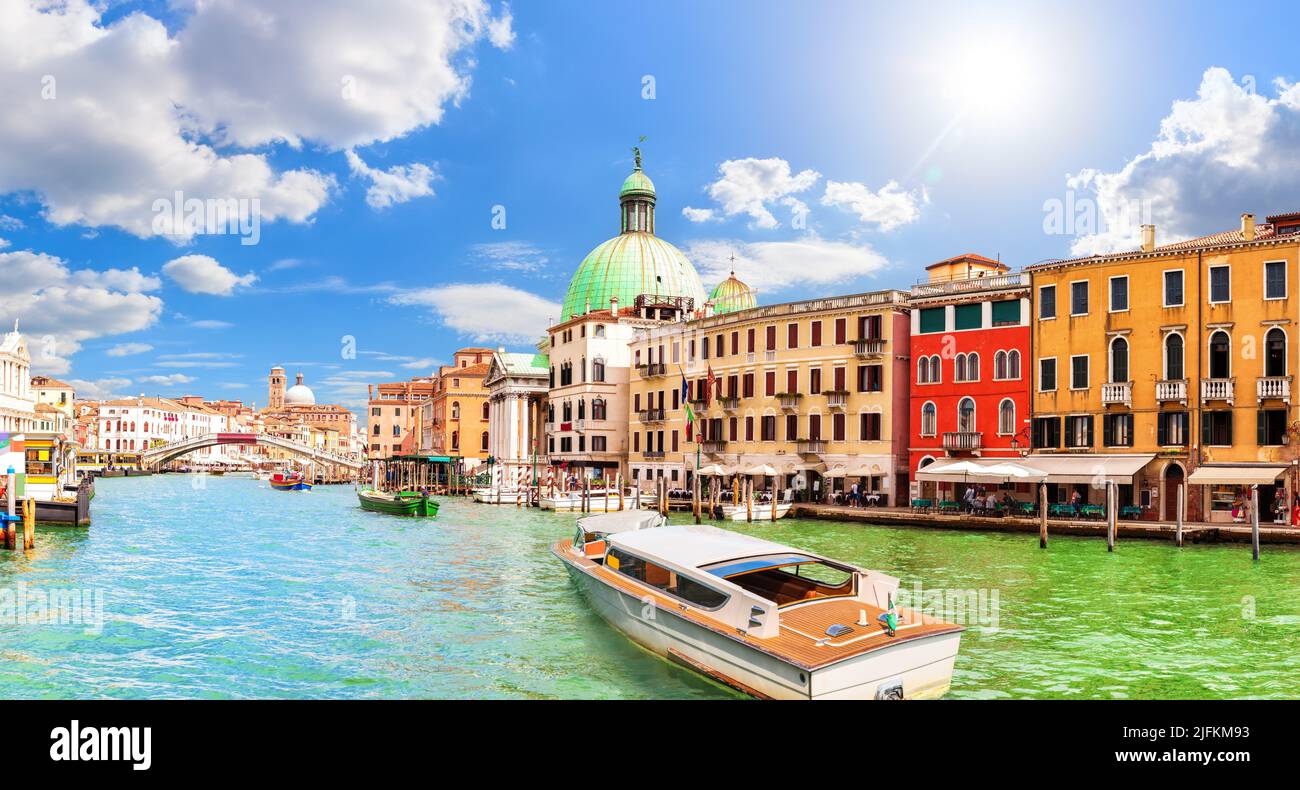 Boats and yachts by the San Simeone Piccolo church, Grand Canal, Venice, Italy. Stock Photo