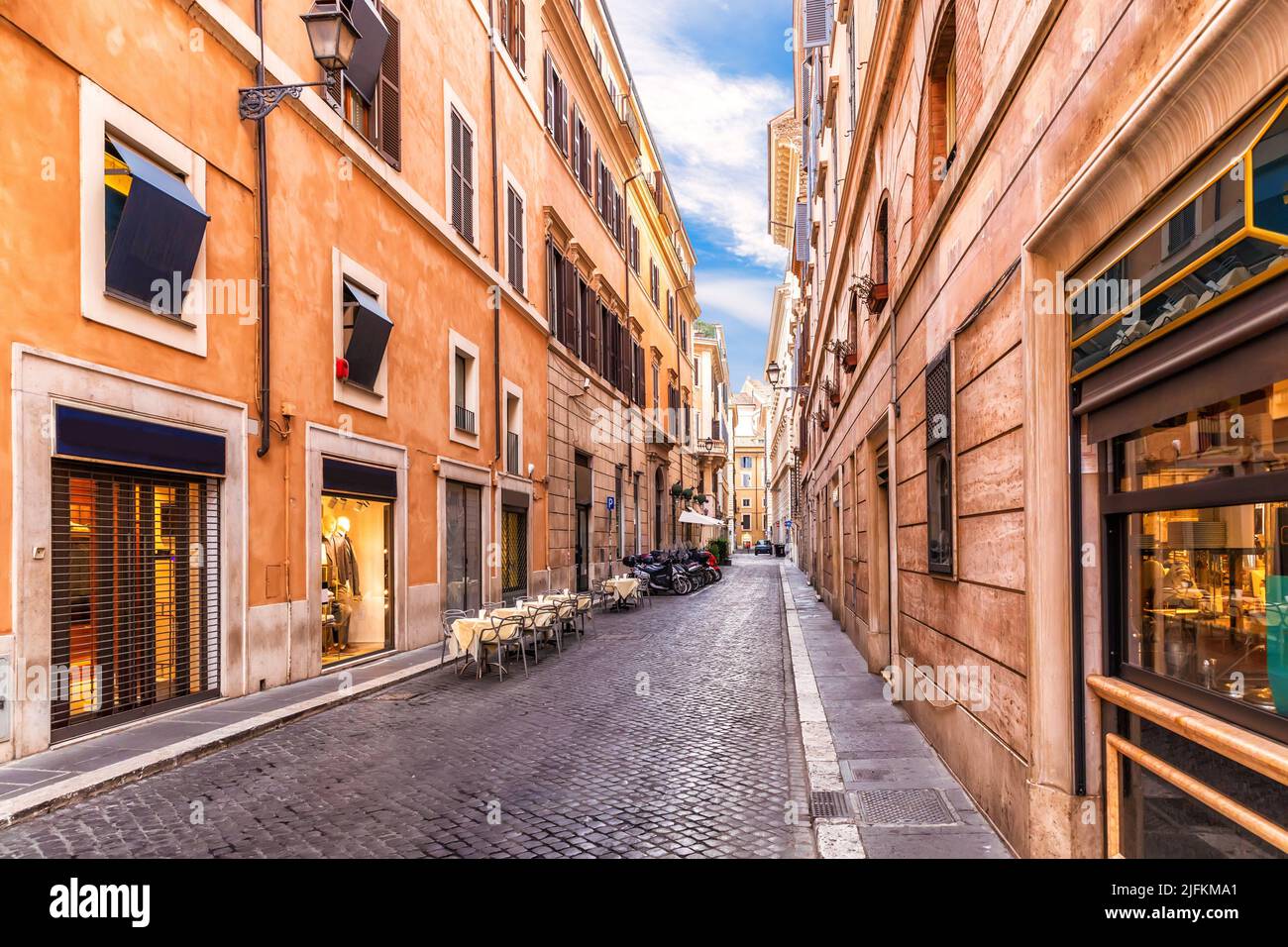 Famous Italian street with shops and restaurants, Rome. Stock Photo