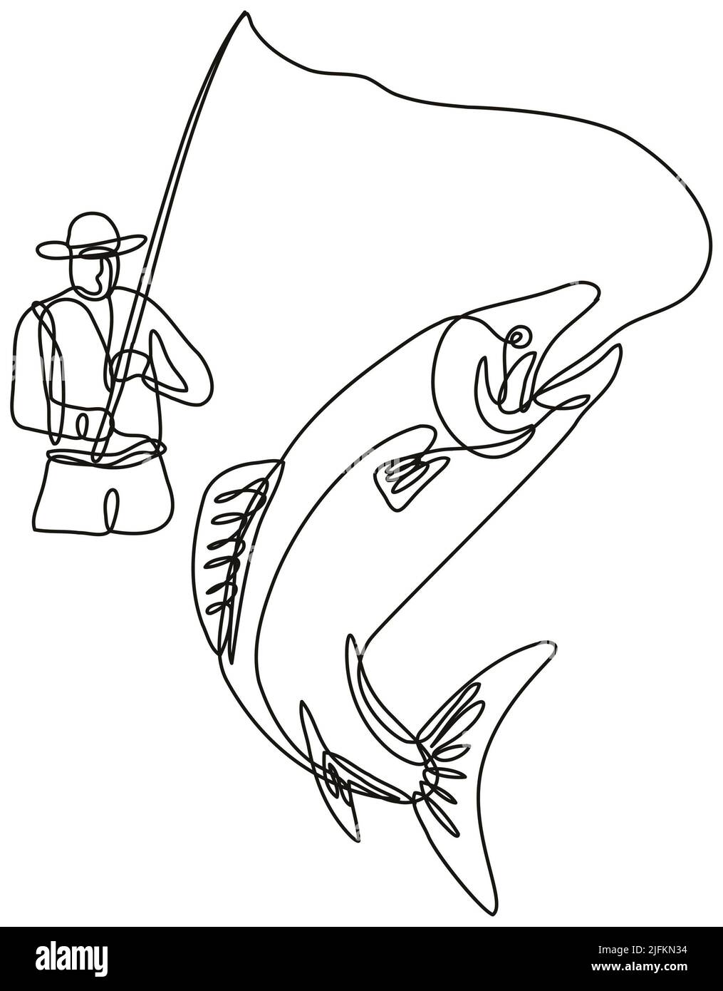 Continuous line drawing illustration of a fly fisherman catching
