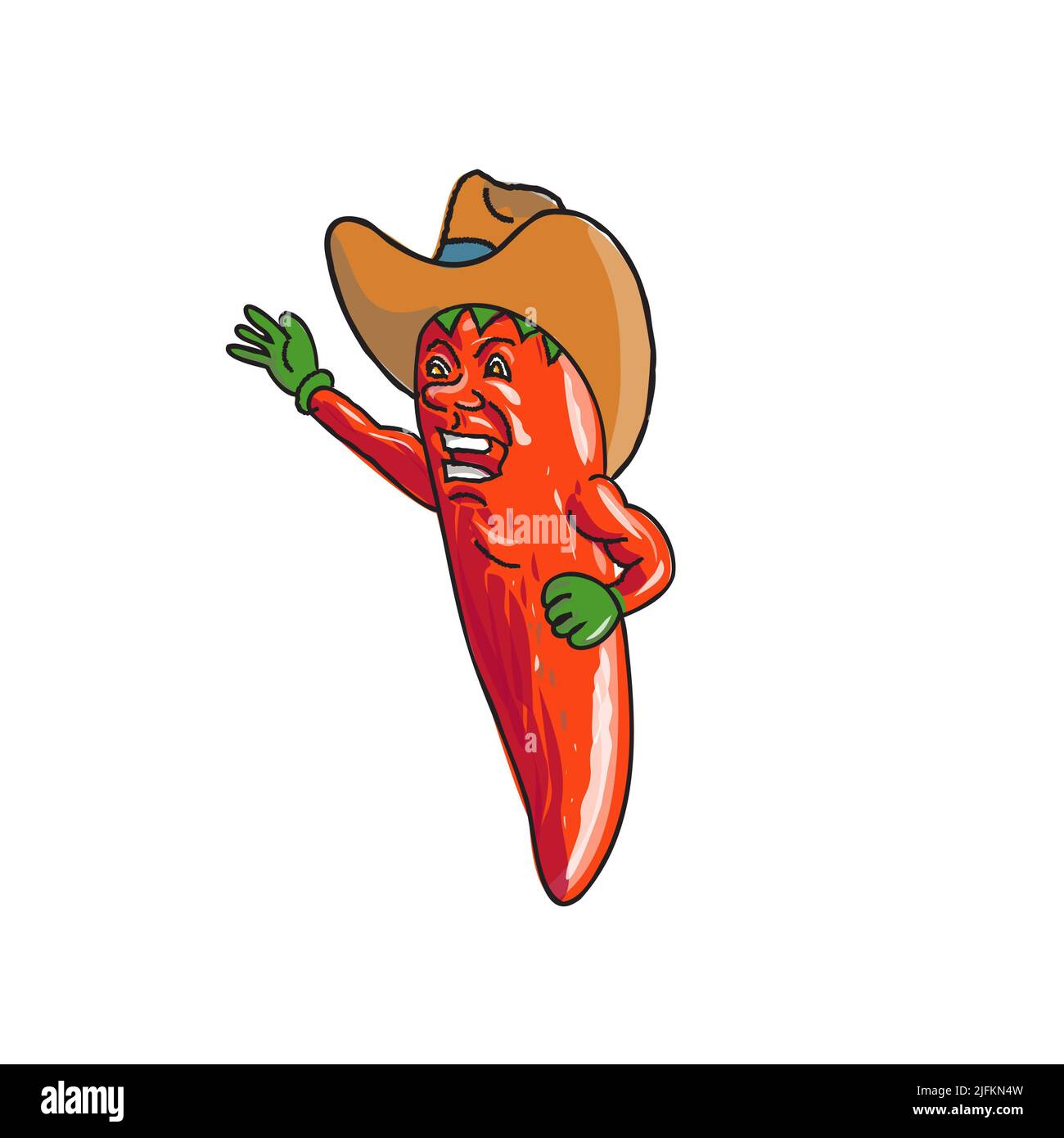 Vintage tattoo style illustration of a jalapeno pepper wearing a cowboy hat, smiling and waving