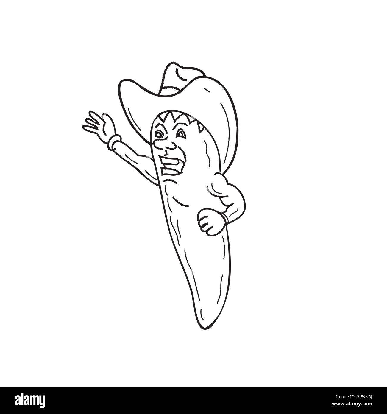 Vintage tattoo style illustration of a jalapeno chili pepper wearing a cowboy hat, smiling and