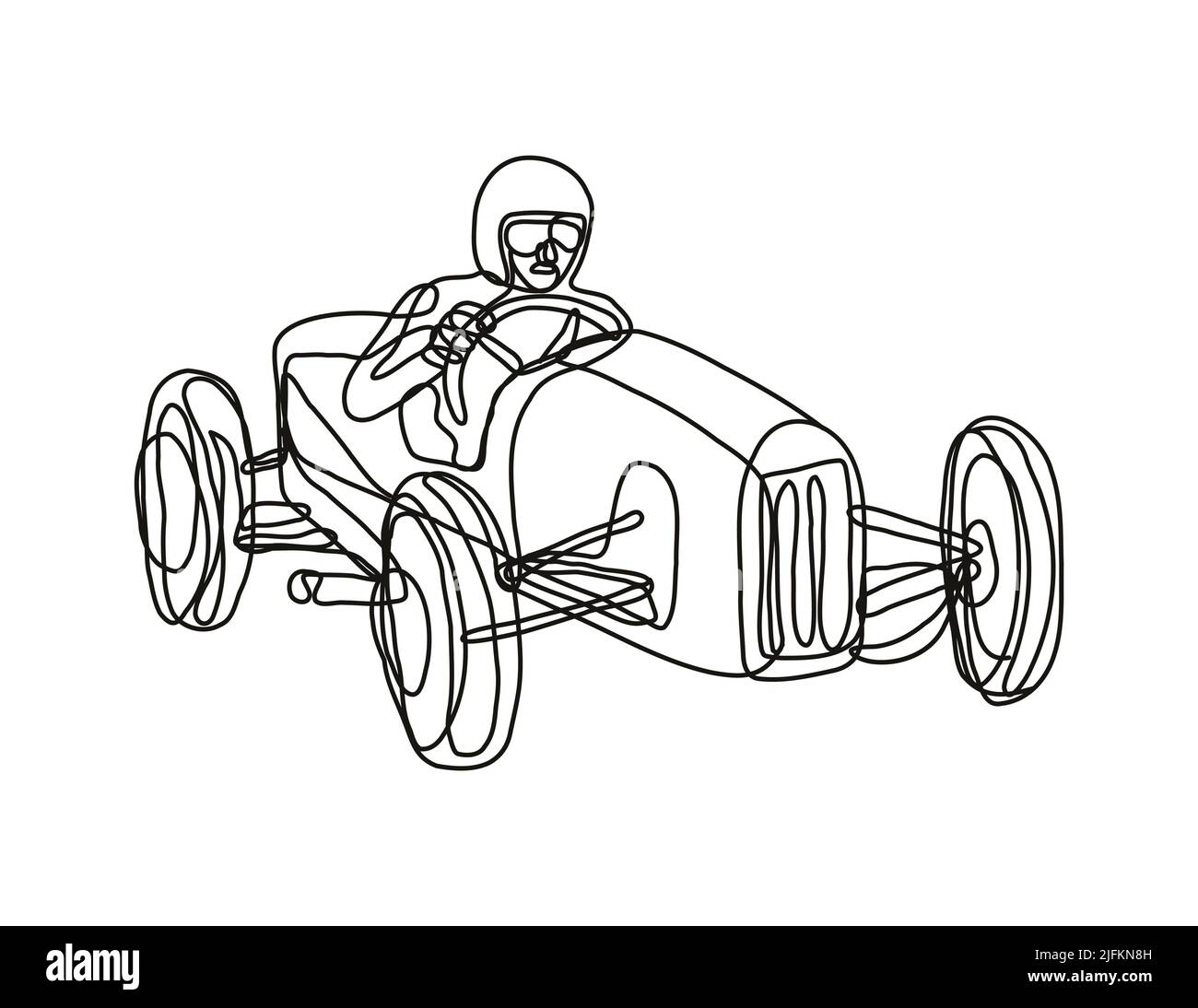 Continuous line drawing illustration of a vintage race car driver done