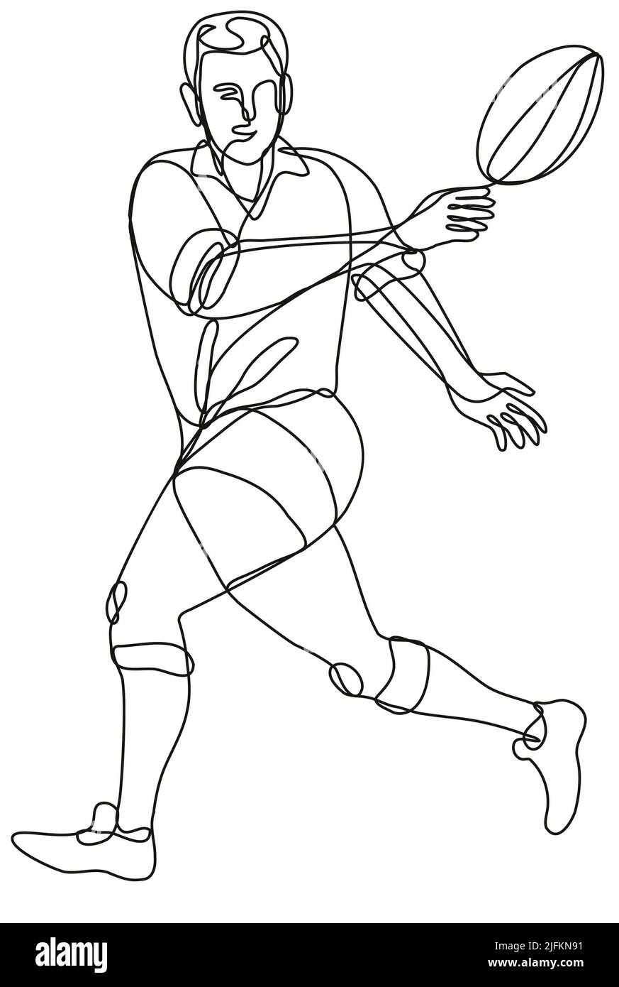 Continuous line drawing illustration of a rugby union player passing