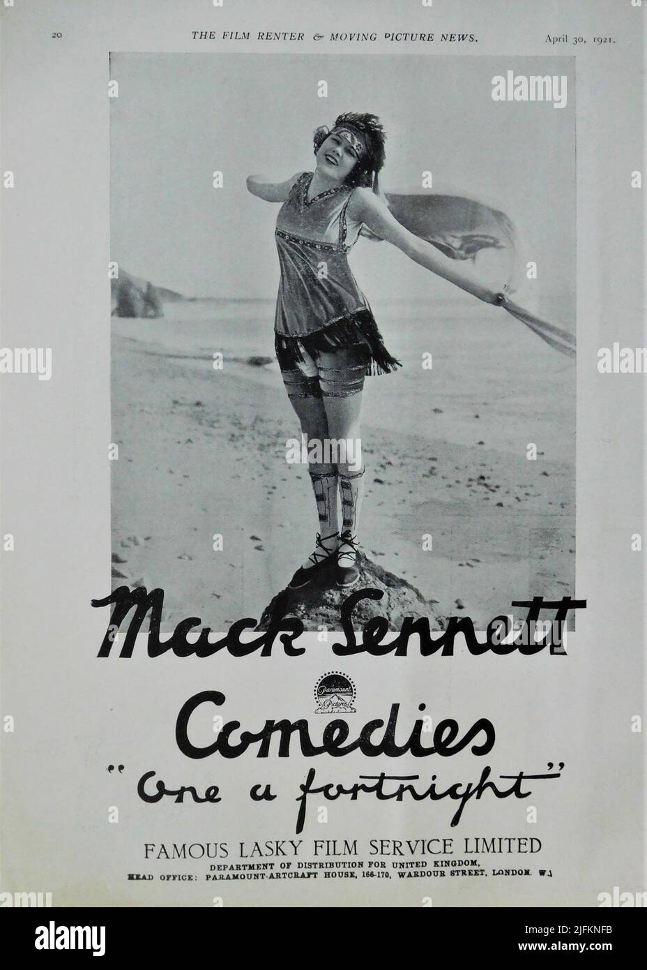 British Trade Ad from 1921 of a MACK SENNETT BATHING BEAUTY in MACK SENNETT COMEDIES : 'one a fortnight' from Famous Lasky Film Service Ltd / Paramount Pictures Stock Photo
