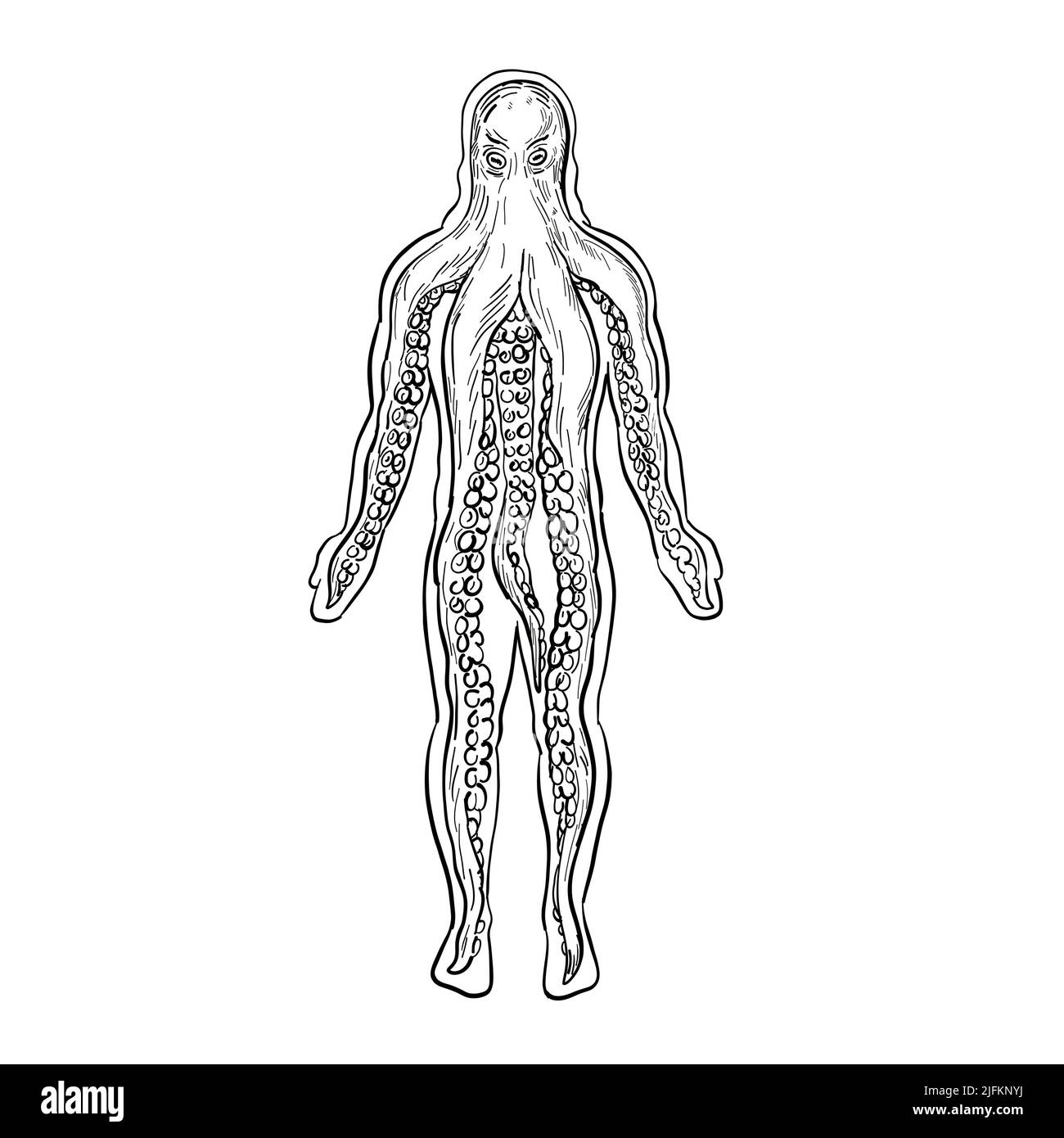 Drawing sketch style illustration of an alien octopus inside a human body and taking over it viewed from front on isolated white background in black Stock Photo
