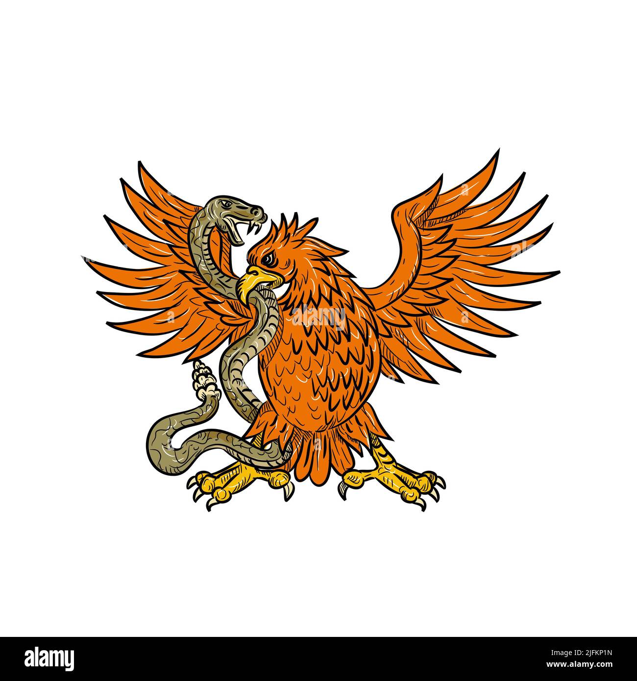 Drawing sketch style illustration of an American golden eagle, Mexican eagle or northern crested caracara grappling a rattlesnake, viper, snake or Stock Photo