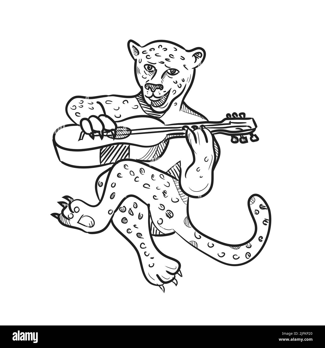 Cartoon style illustration of a happy leopard playing an acoustic guitar while sitting down done in black and white on isolated white background. Stock Photo