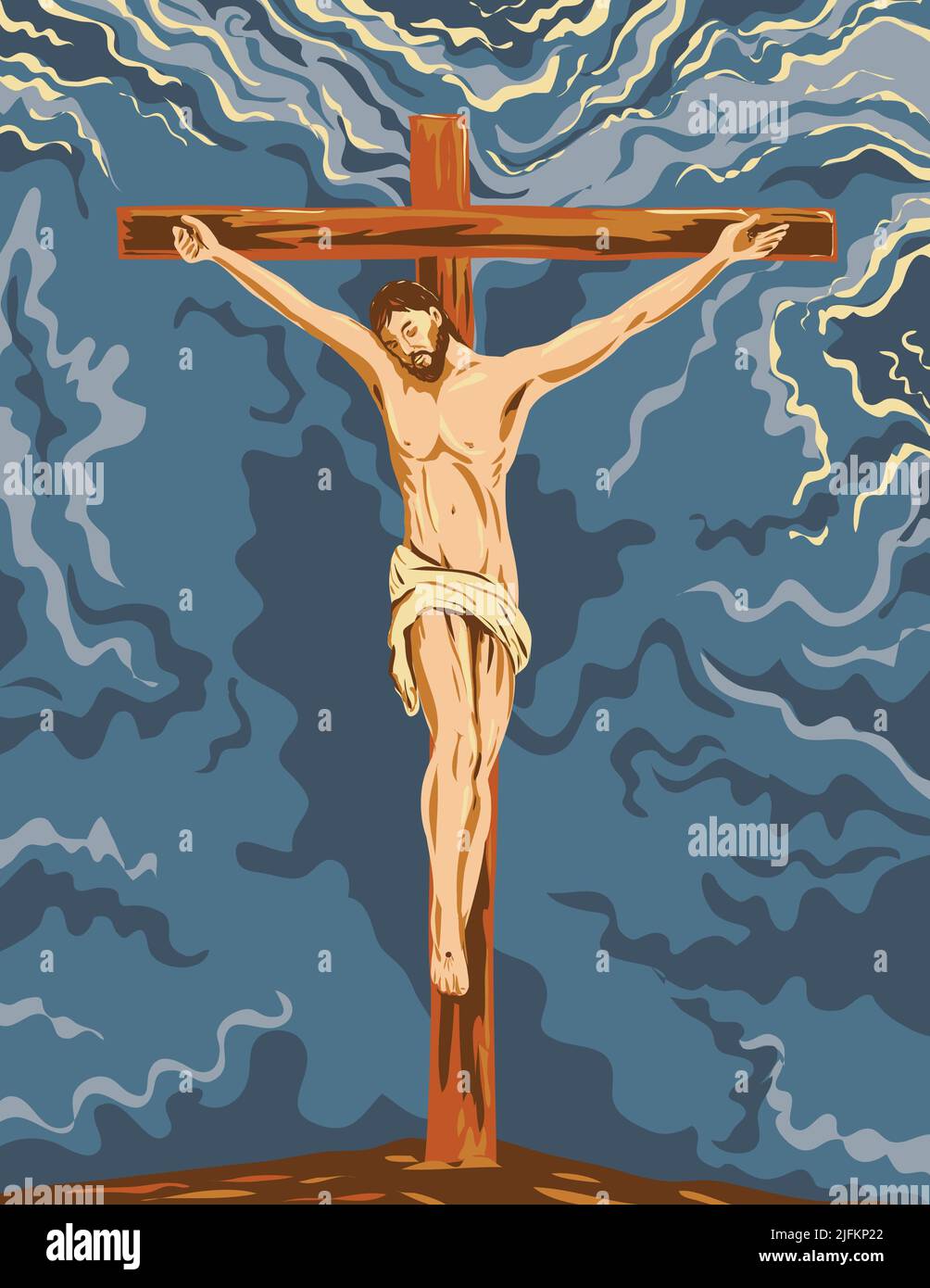 WPA poster art of the crucified Jesus Christ on the cross during his crucifixion done in works project administration or federal art project style. Stock Photo