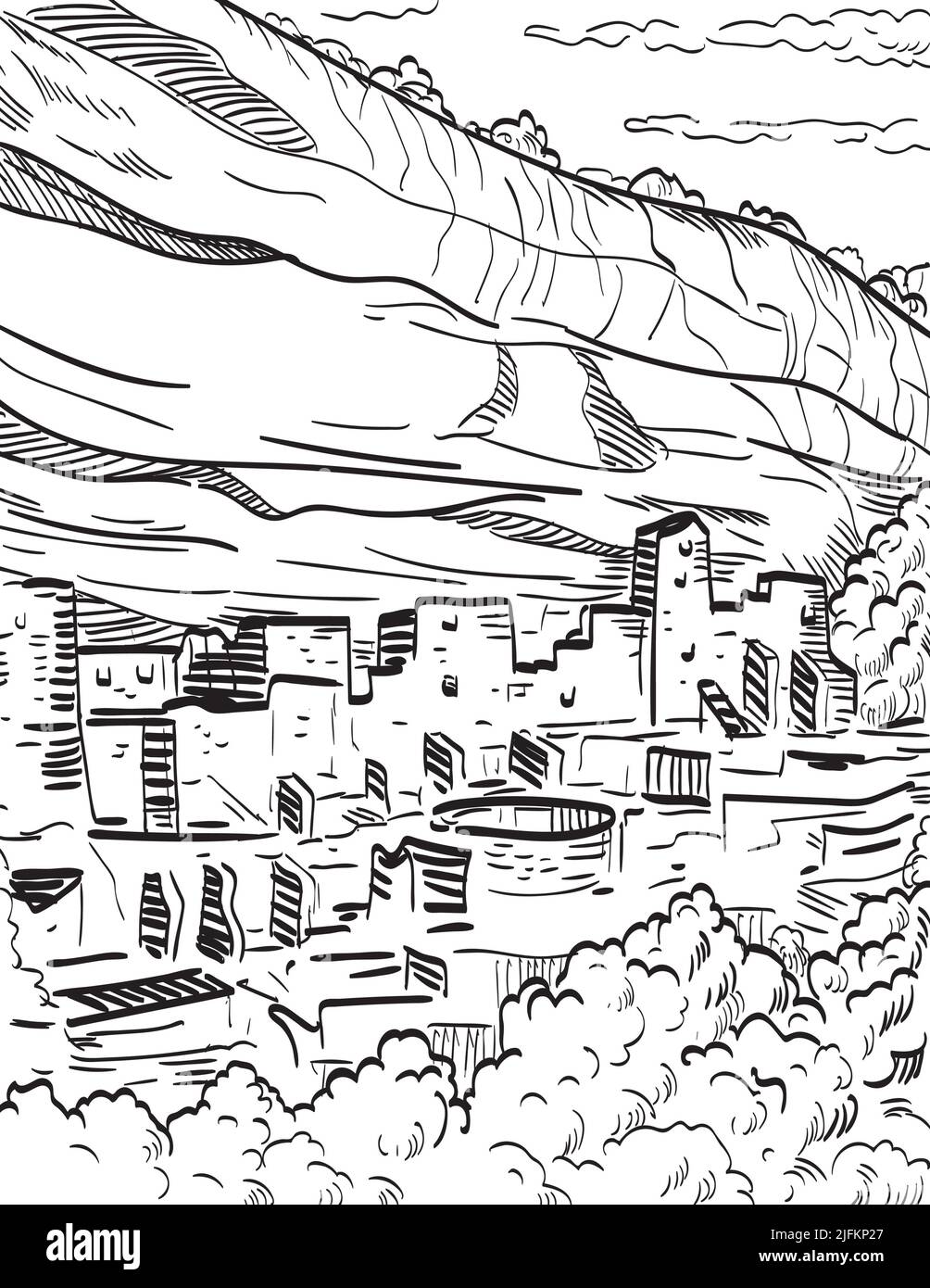 Retro woodcut style illustration of Mesa Verde National Park in Colorado with well-preserved Ancestral Puebloan cliff dwellings and the huge Cliff Stock Photo
