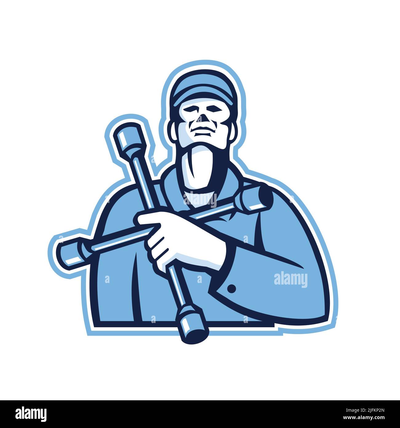 Illustration of a tire technician or mechanic holding tire wrench, 4-way lug wrench or tyre iron on chest looking up viewed from front on isolated Stock Photo