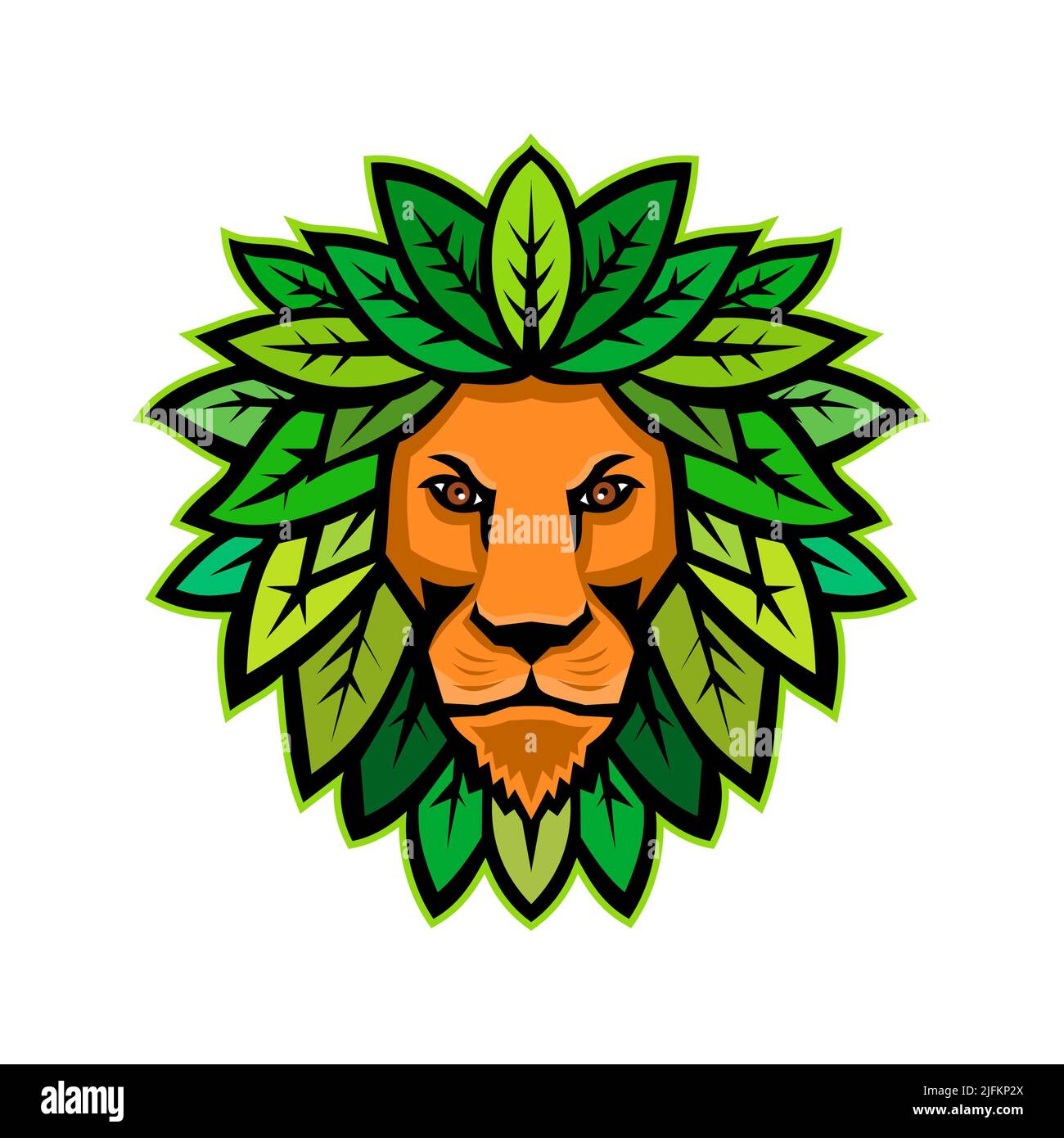 Mascot icon illustration of head of a lion with leaves as mane viewed from front on isolated background in retro style. Stock Photo