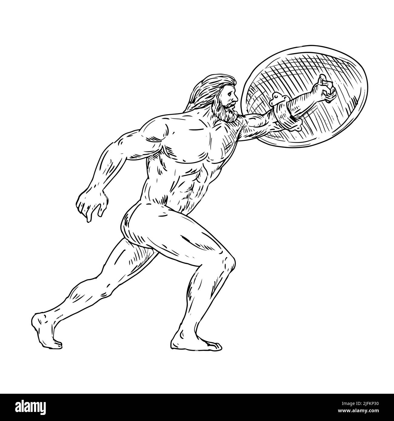 Drawing sketch style illustration of Heracles, a Greek divine hero equivalent to Roman hero and god, Hercules with shield and urginf forward done in Stock Photo