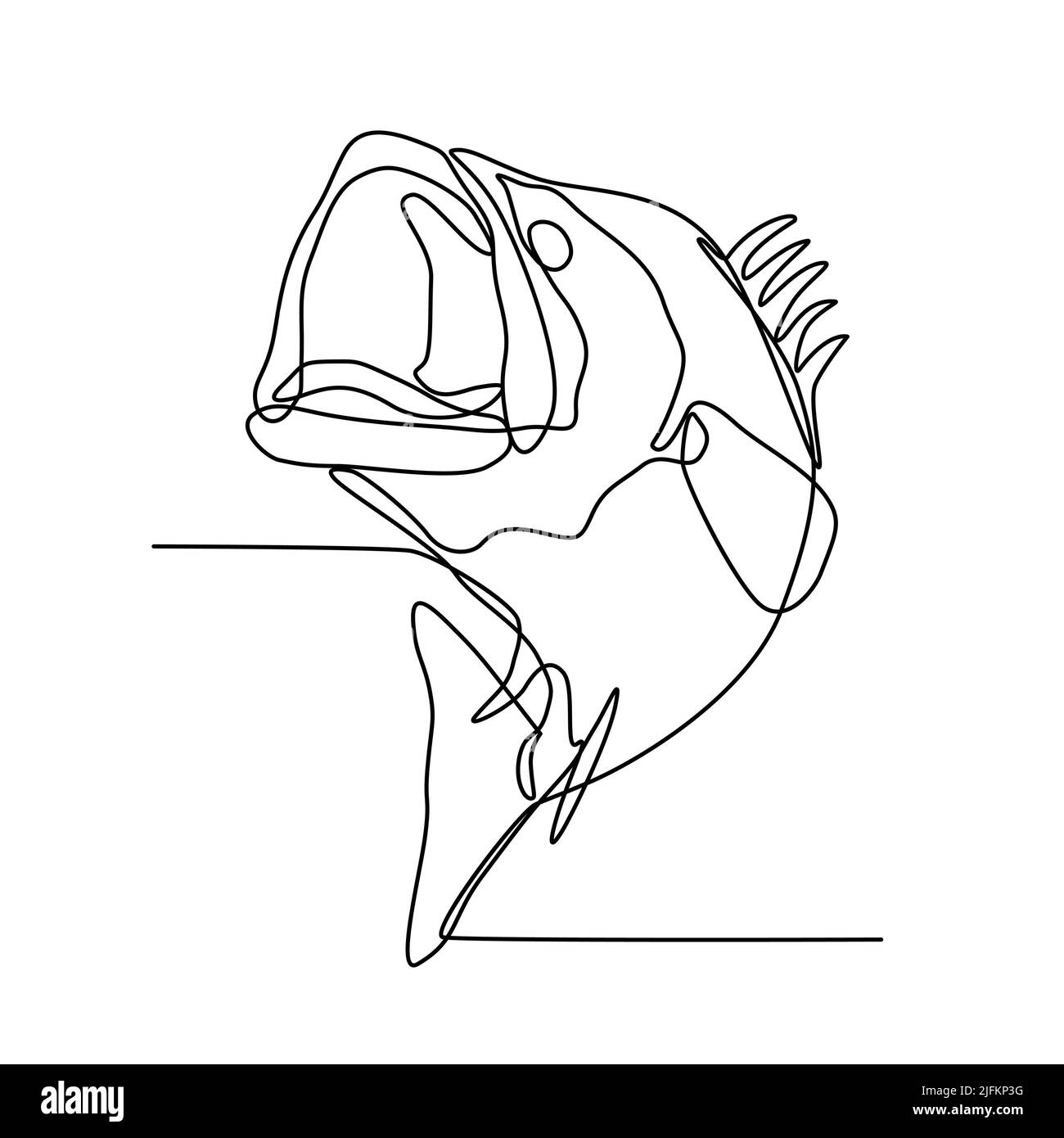 Continuous line illustration of largemouth bass, freshwater gamefish that is a species of black bass native to North America, jumping up done in Stock Photo