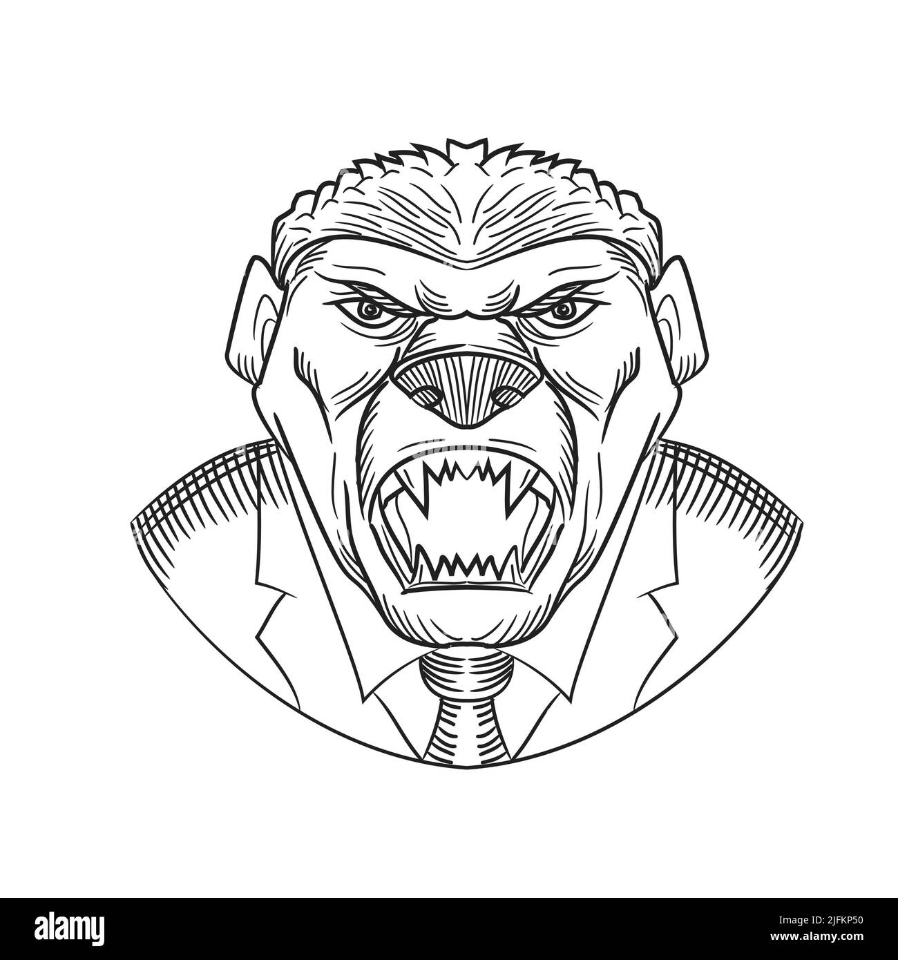 Drawing sketch style illustration head of an angry and aggressive honey badger wearing a coat and tie or business suit viewed from front on isolated Stock Photo