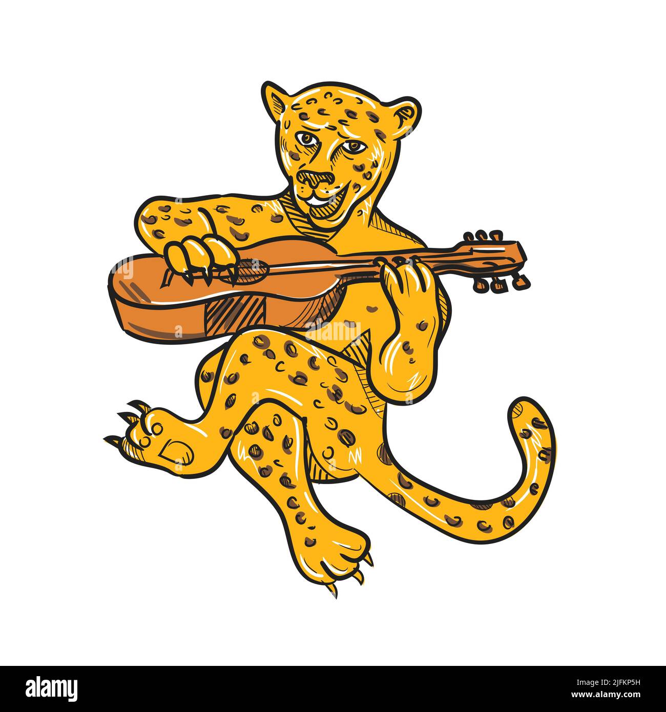 Cartoon style illustration of a happy jaguar or leopard playing an acoustic guitar while being seated or sitting down done in full color on isolated Stock Photo