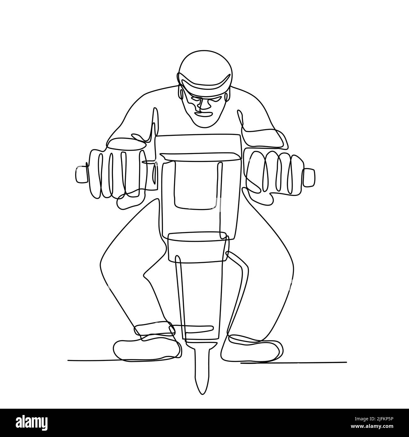 Continuous line illustration of construction worker with jackhammer, a portable pneumatic or electro-mechanical tool that is a hammer and drill done Stock Photo