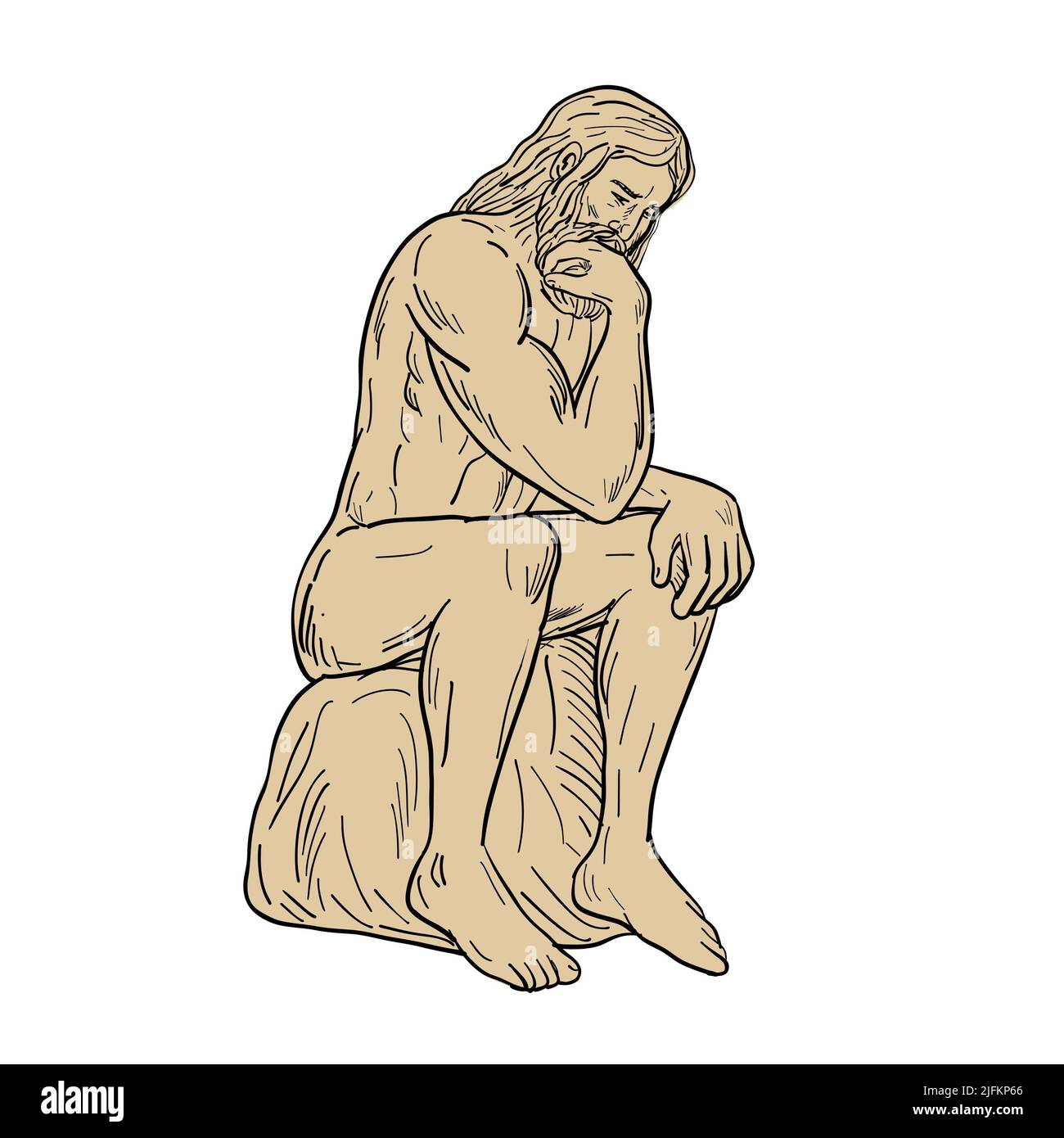 Drawing sketch style illustration of a man or thinker with full beard sitting down thinking on isolated white background. Stock Photo