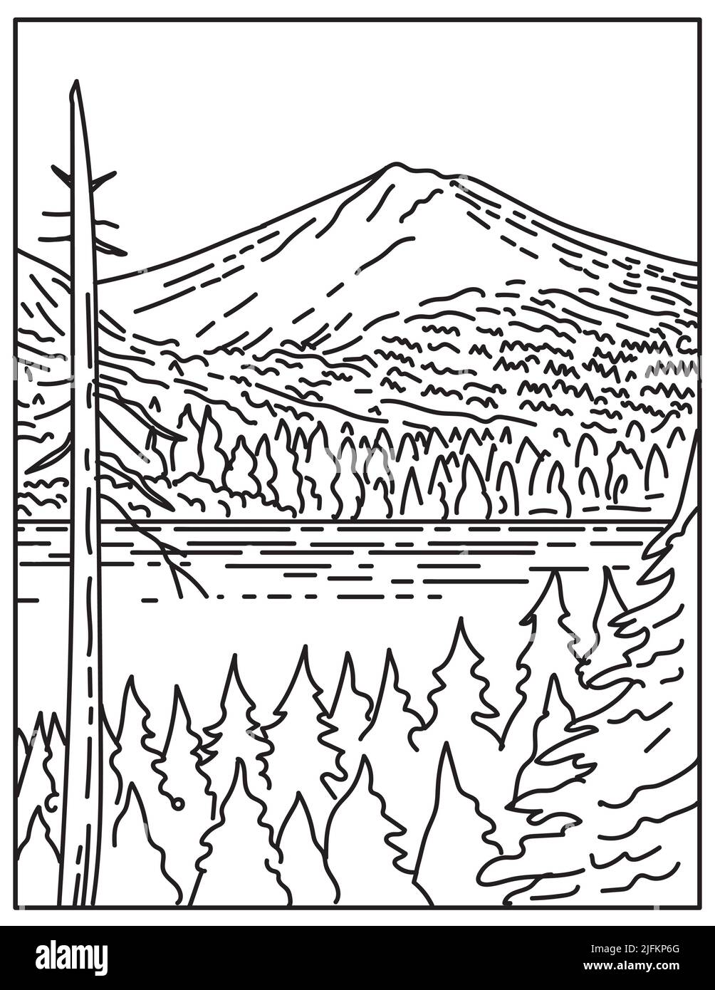 Mono line illustration of summit of Lassen Peak Volcano within Lassen Volcanic National Park in northern California, United States of America done in Stock Photo