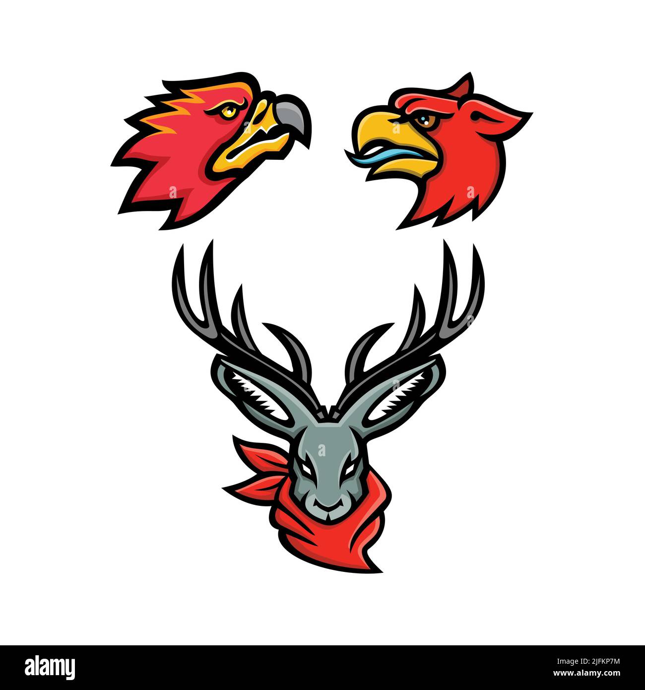 Mascot icon illustration set of heads of mythical or folklore creatures and animals like the firebird, griffin and jackalope viewed from front and Stock Photo