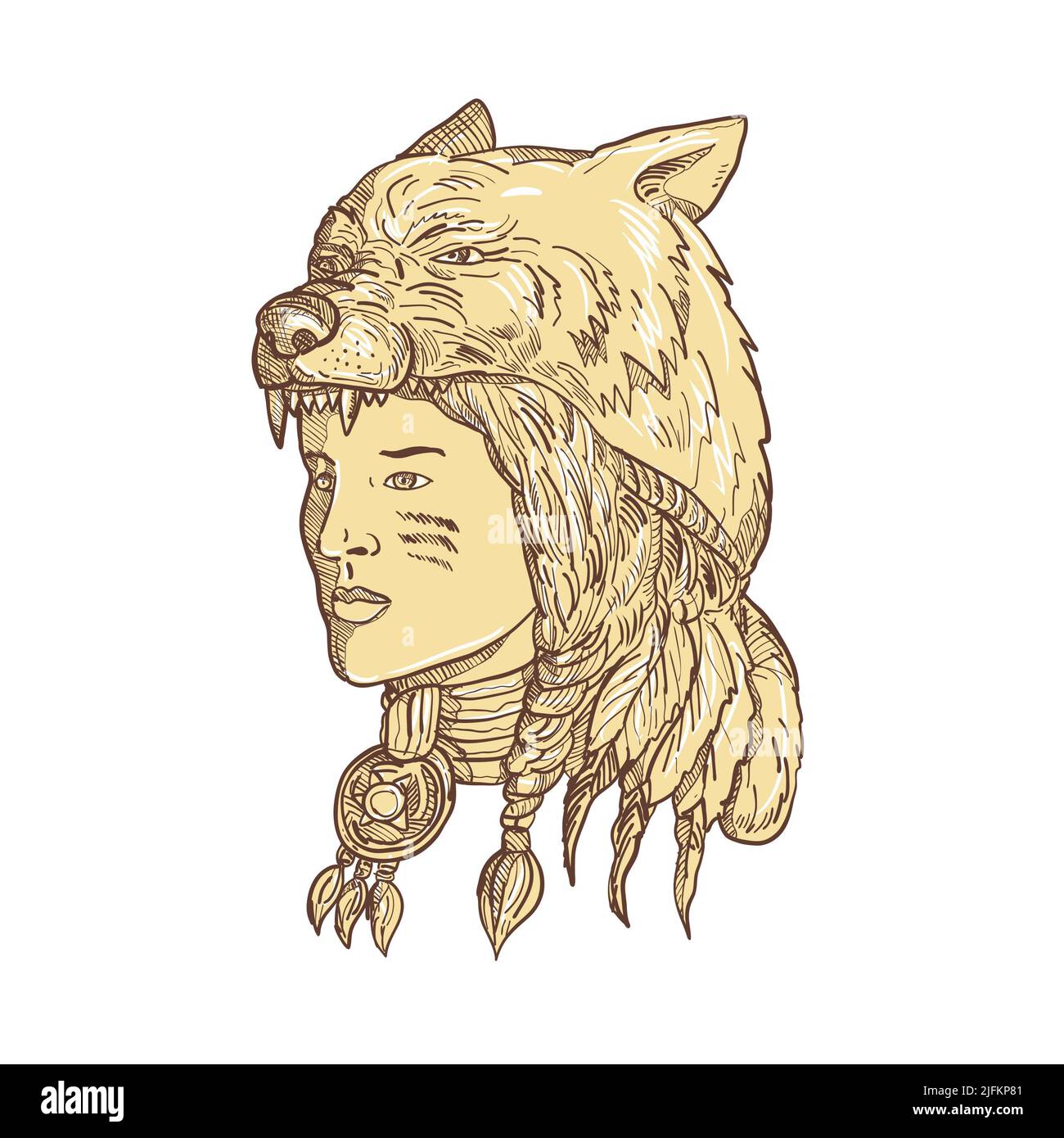 Drawing sketch style illustration of a native American woman wearing a wolf headdress, headgear or headwear viewed from side in sepia and on isolated Stock Photo