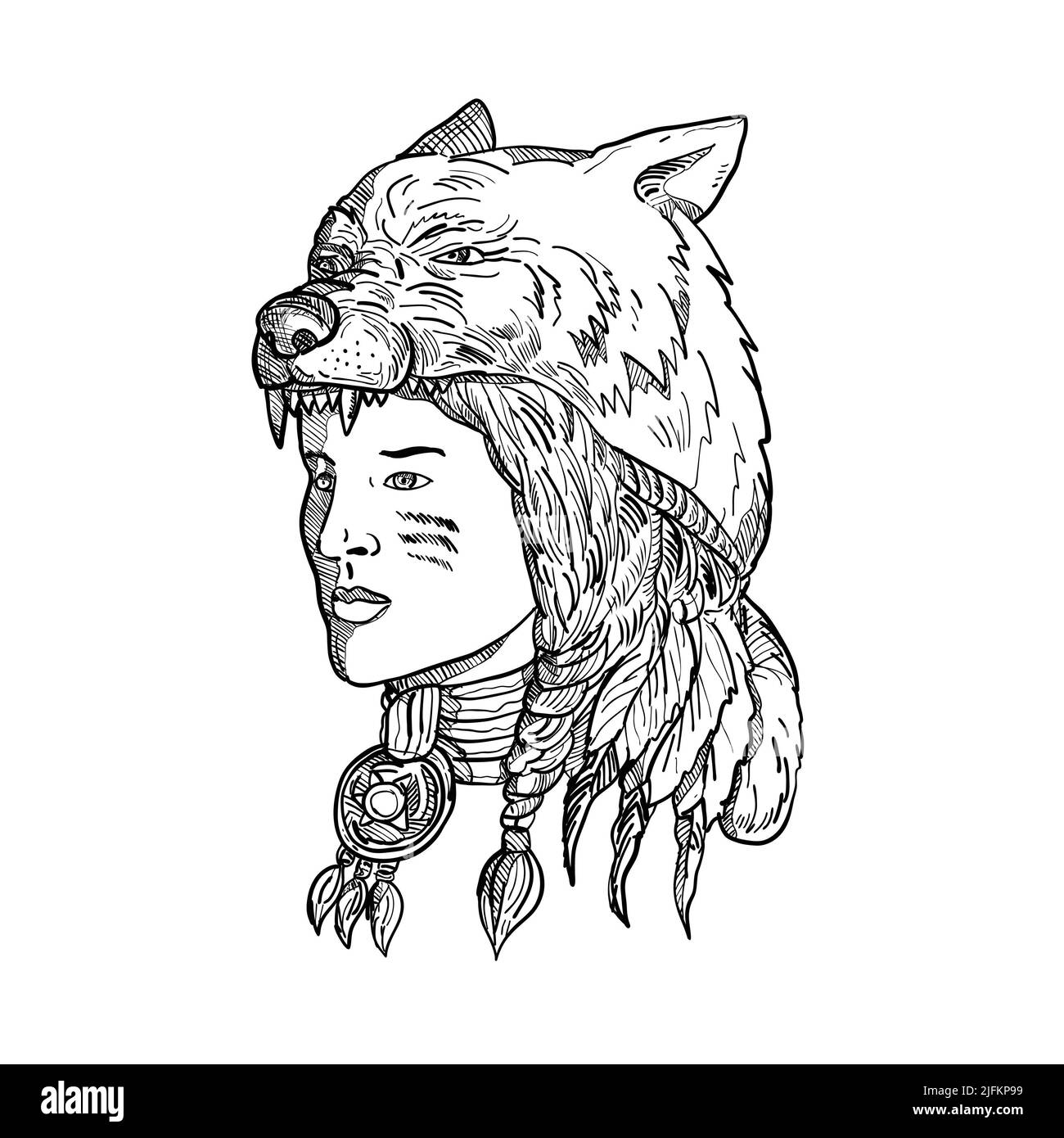 Drawing sketch style illustration of a native American woman wearing a wolf headdress, headgear or headwear looking to side in black and white on Stock Photo