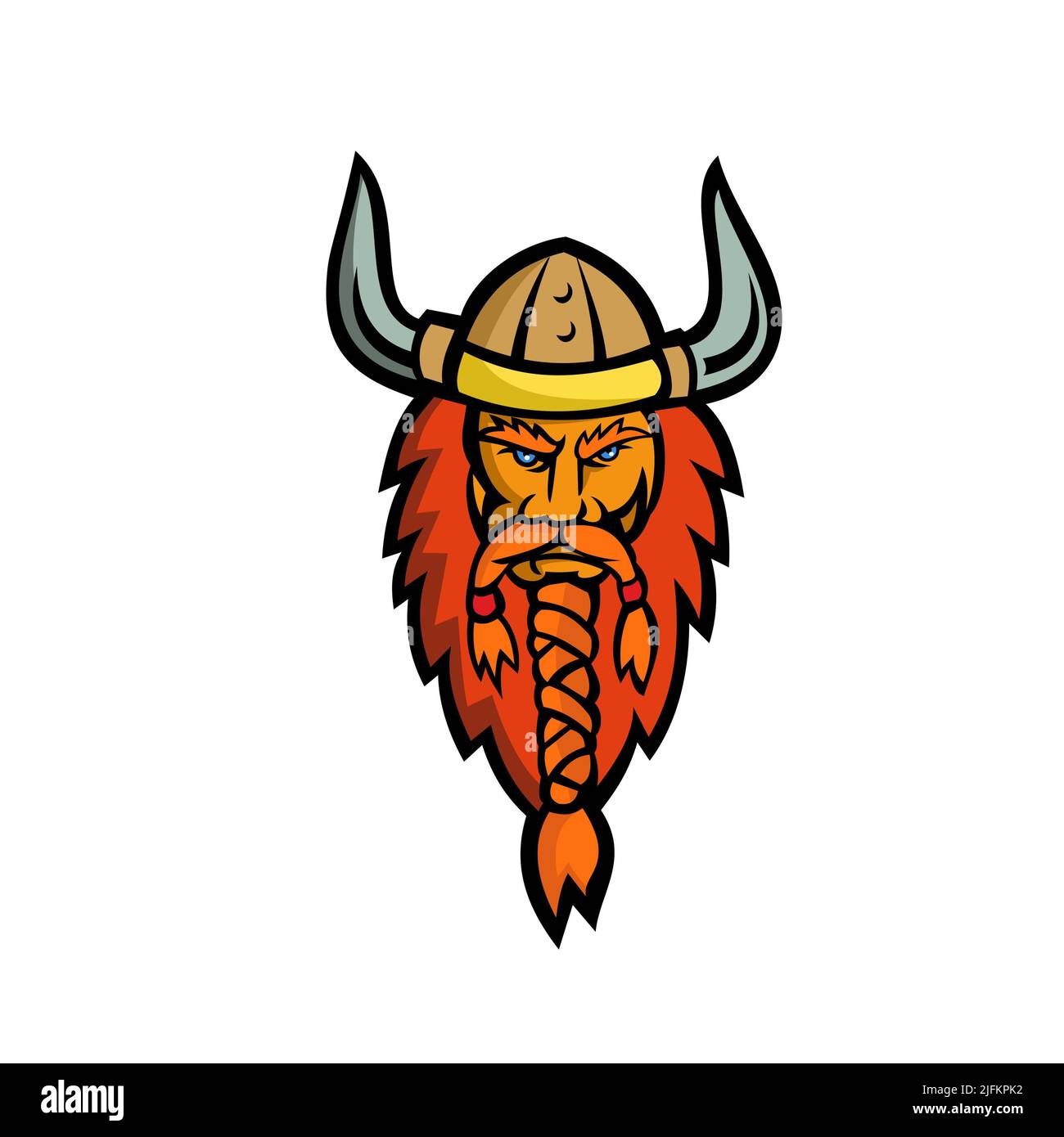 Mascot icon illustration of head of an angry Viking, Norseman or Norse seafarer viewed from front on isolated background in retro style. Stock Photo