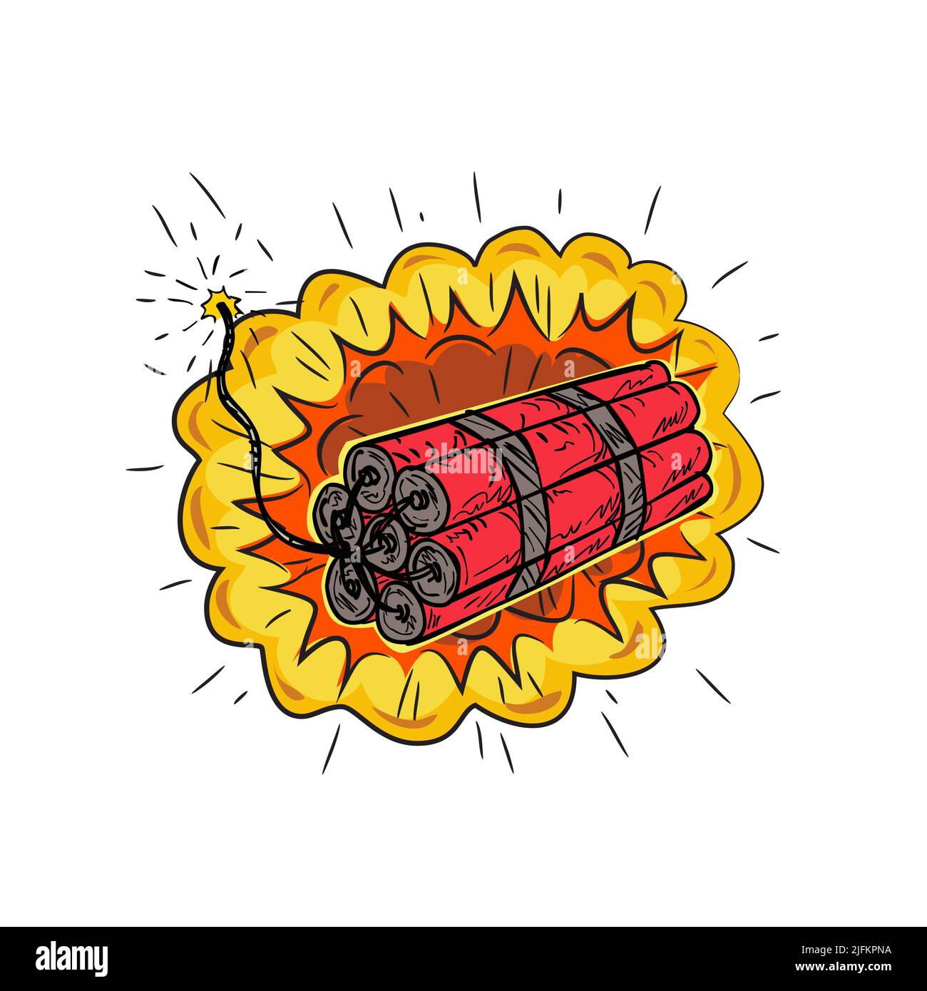 Drawing sketch style illustration of sticks of explosive TNT dynamite stick with lit or burning fuse and exploding on isolated white background. Stock Photo