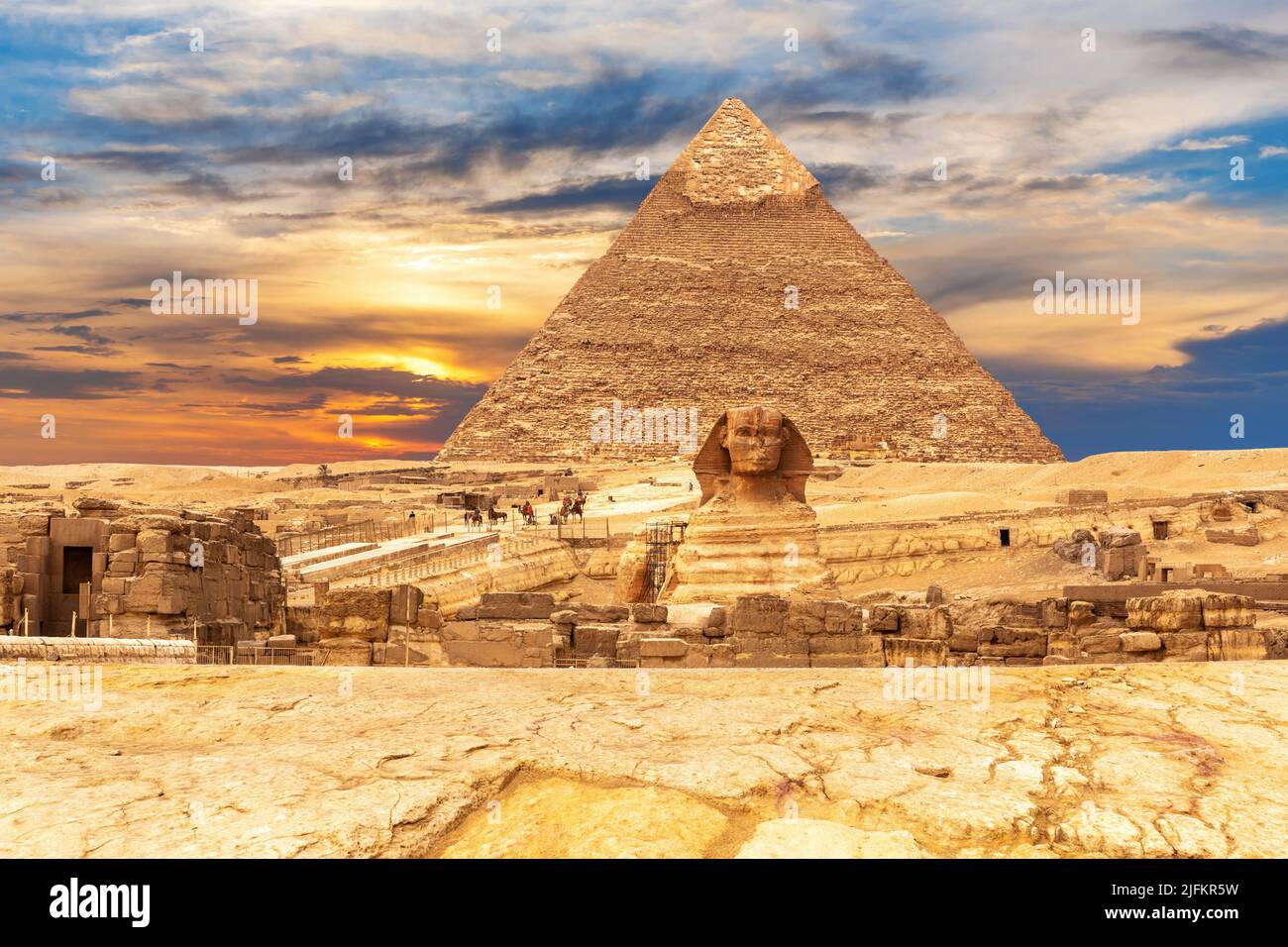 The Great Sphinx and the Pyramid of Chephren at sunset, Giza, Egypt. Stock Photo