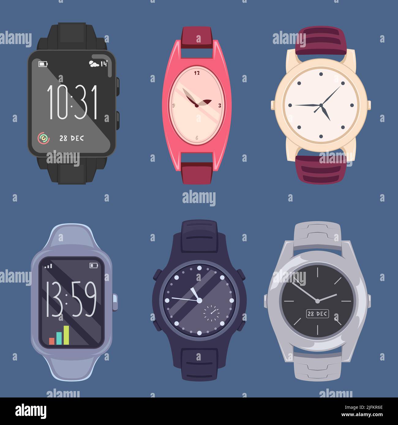 Cartoon watches. Luxury hand fashioned accessories for men and women smart watches for businessmen exact vector illustrations Stock Vector